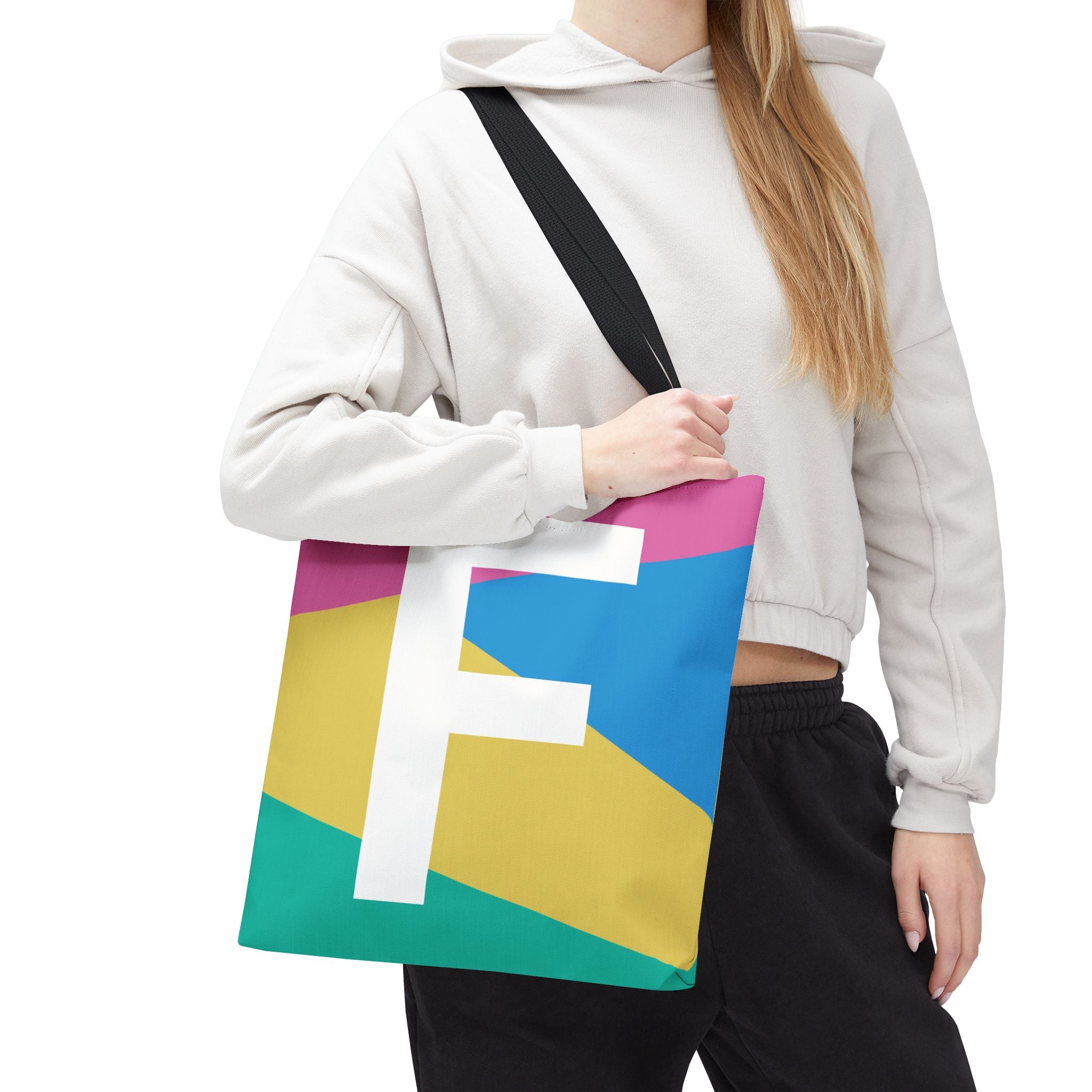 Monogram 'F' Colorblock Tote Bag — Personalized Initial F Shoulder Tote