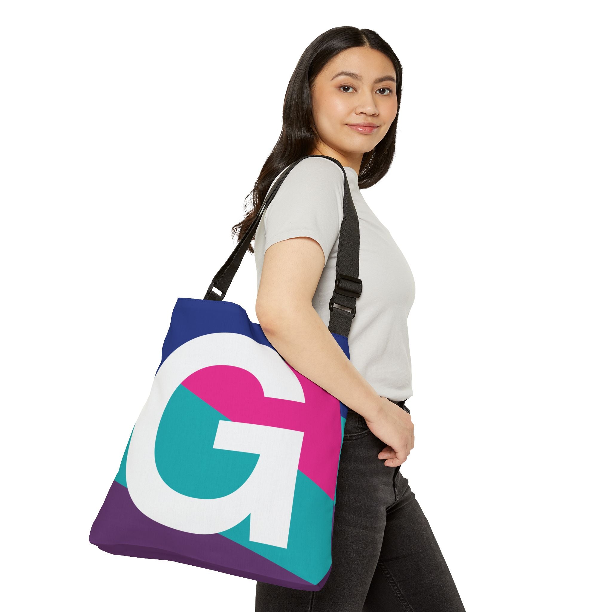 Initial Letter 'G' Colorblock Adjustable Tote Bag — Monogram Alphabet Shoulder Bag