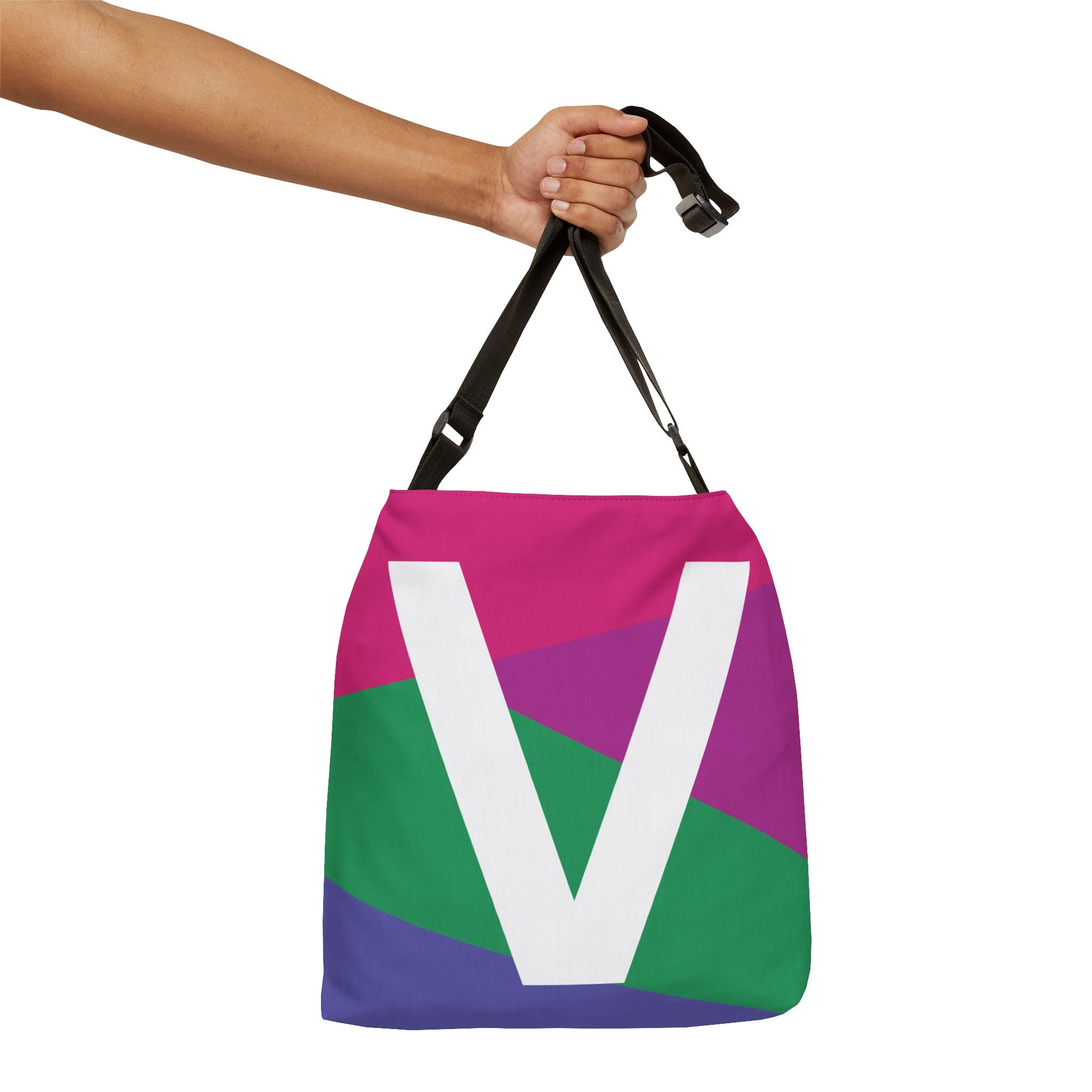 Initial Letter 'V' Colorblock Adjustable Tote Bag — Monogram Alphabet Shoulder Bag