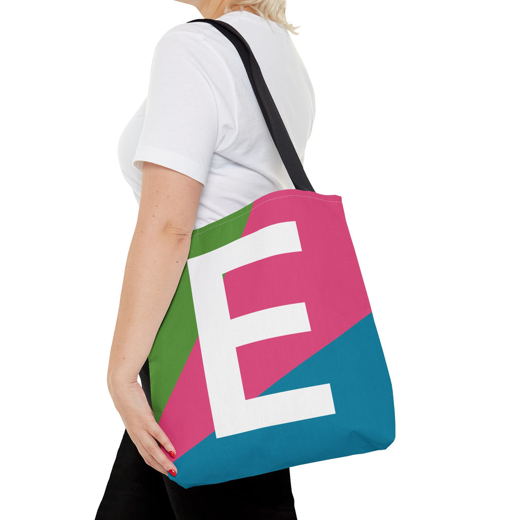 Monogram 'E' Colorblock Tote Bag — Personalized Initial E Shoulder Tote