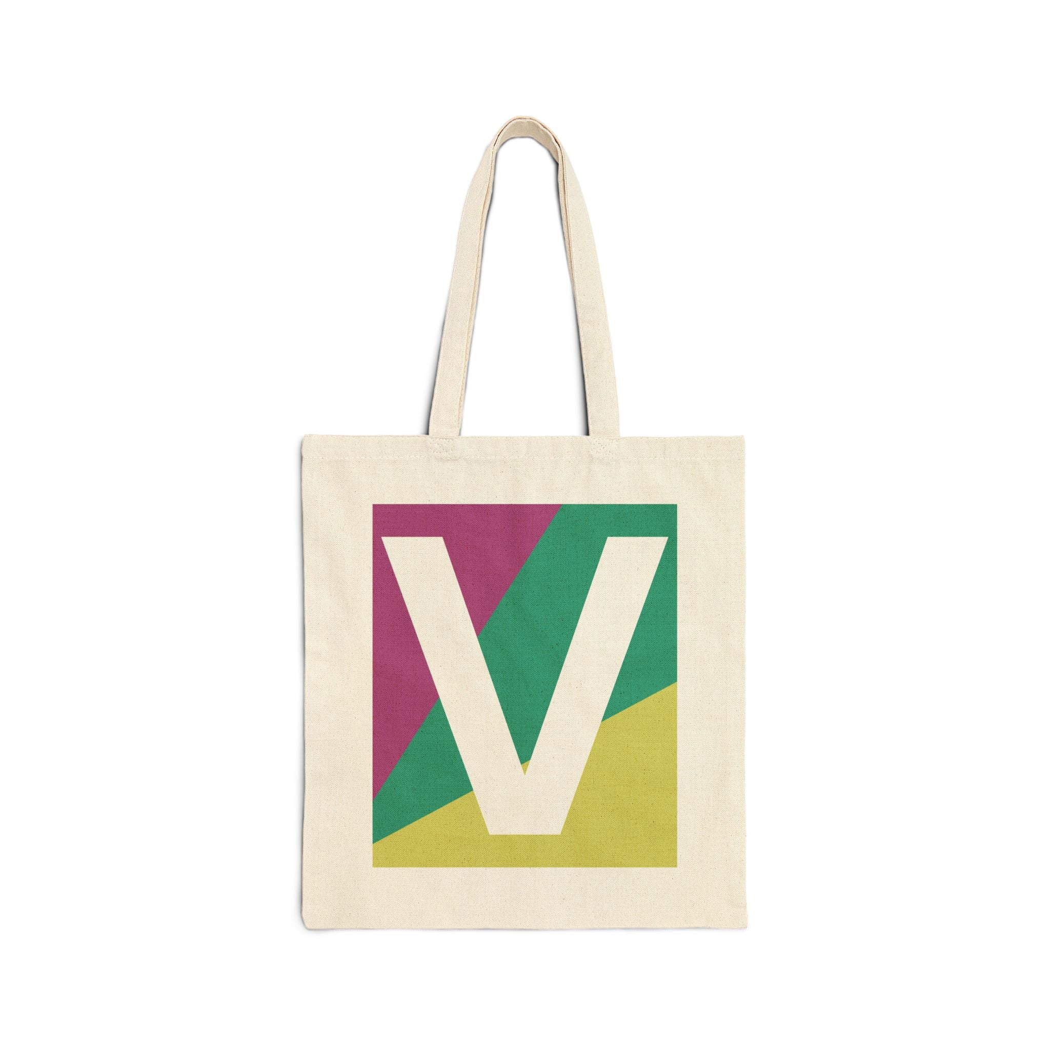 Initial V Colorblock Canvas Tote Bag — Monogram Letter V Reusable Grocery Tote