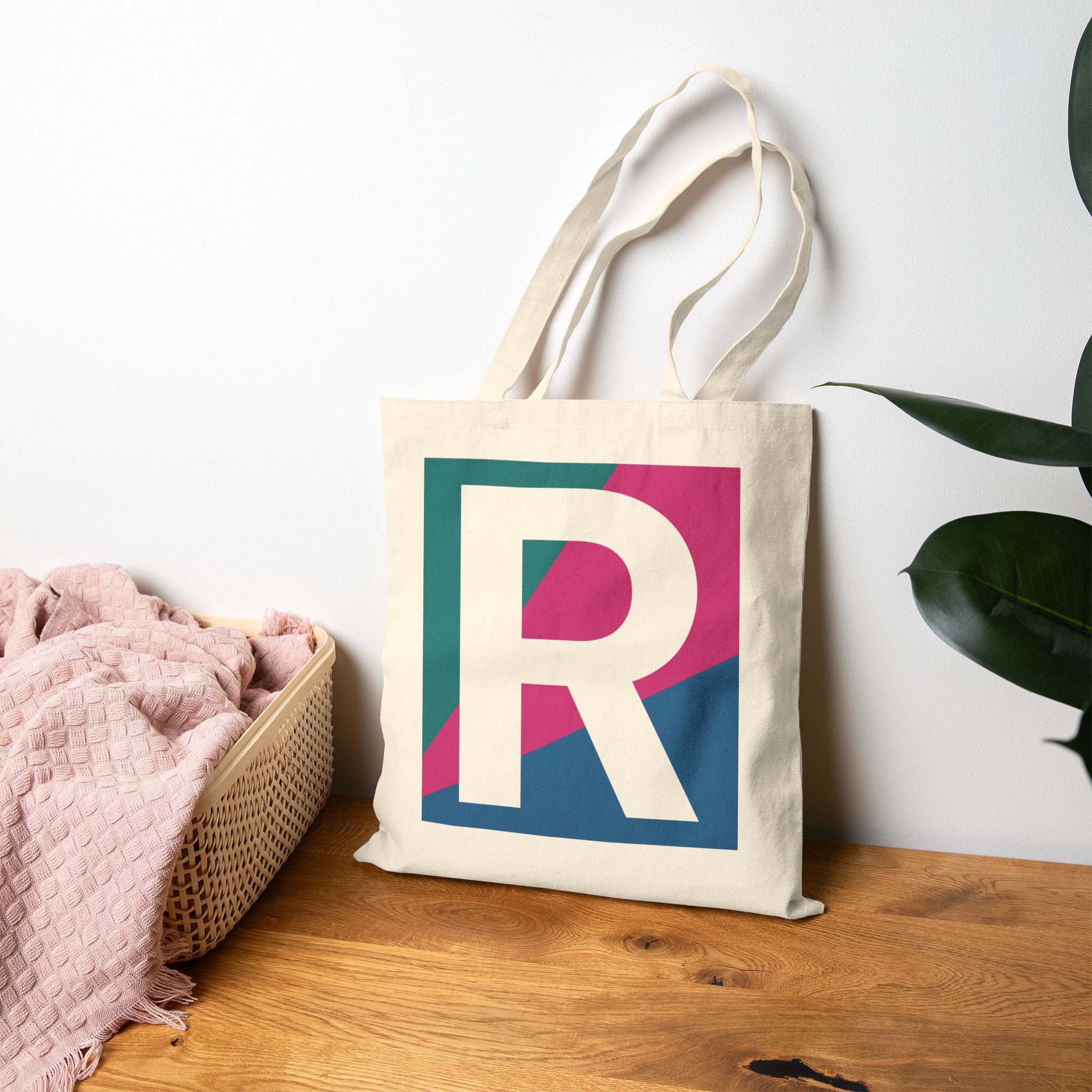 Initial R Colorblock Canvas Tote Bag — Monogram Letter R Reusable Grocery Tote