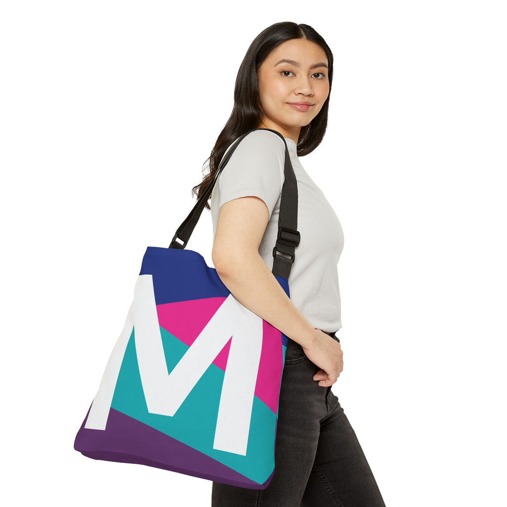 Initial Letter 'M' Colorblock Adjustable Tote Bag — Monogram Alphabet Shoulder Bag