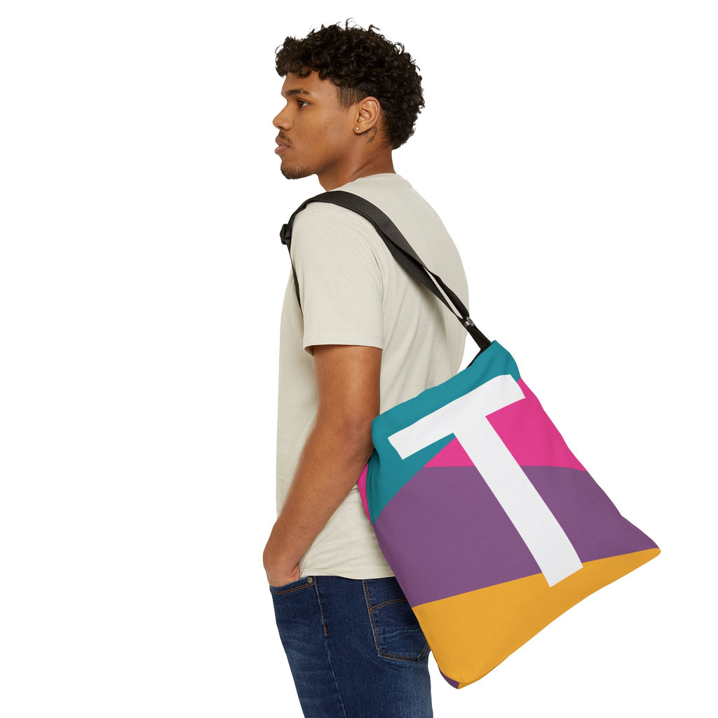 Initial Letter 'T' Colorblock Adjustable Tote Bag — Monogram Alphabet Shoulder Bag
