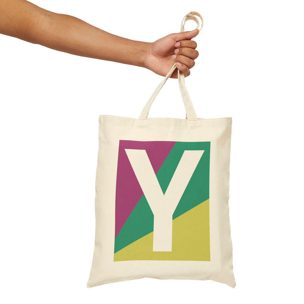 Initial Y Colorblock Canvas Tote Bag — Monogram Letter Y Reusable Grocery Tote