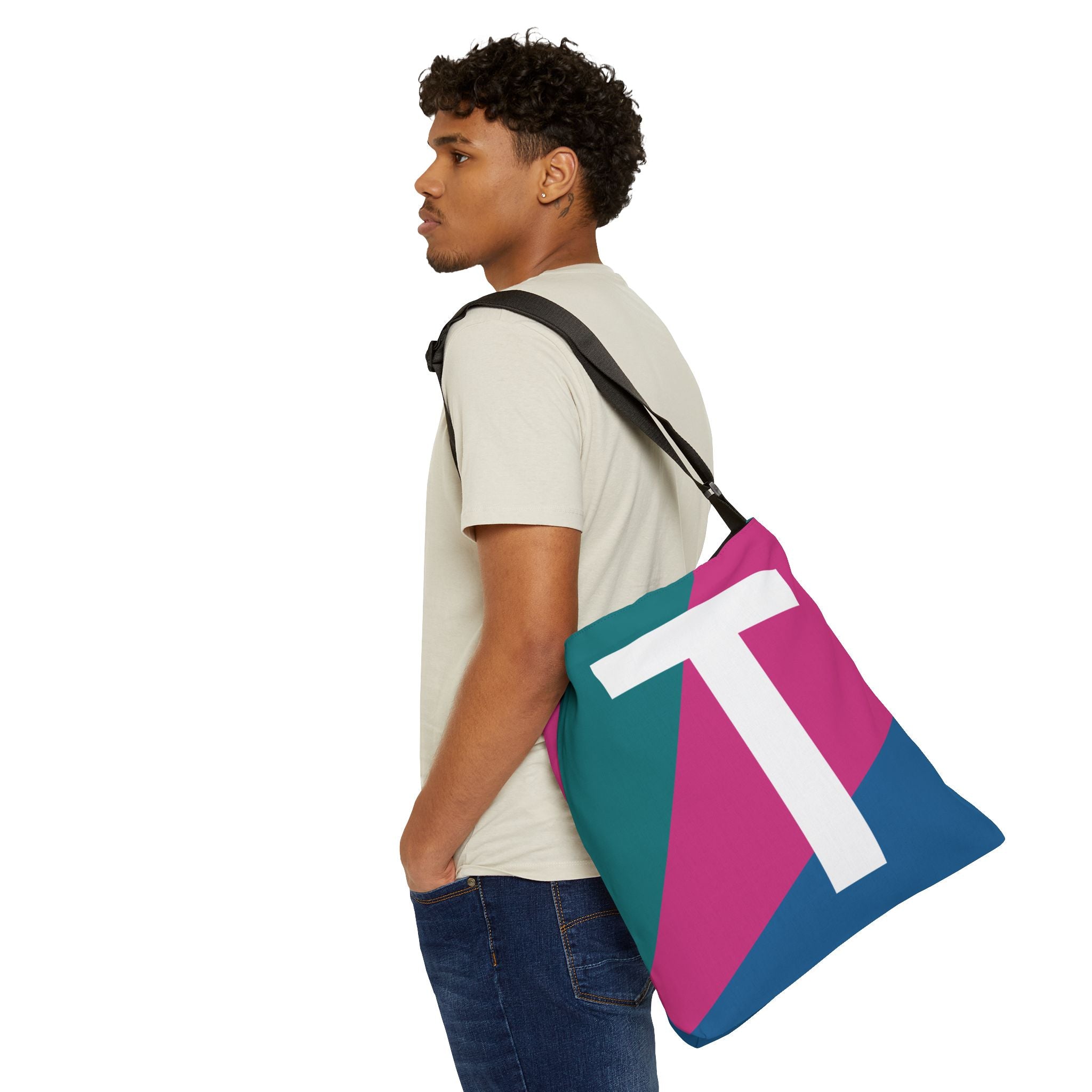 Initial Letter 'T' Colorblock Adjustable Tote Bag — Monogram Alphabet Shoulder Bag