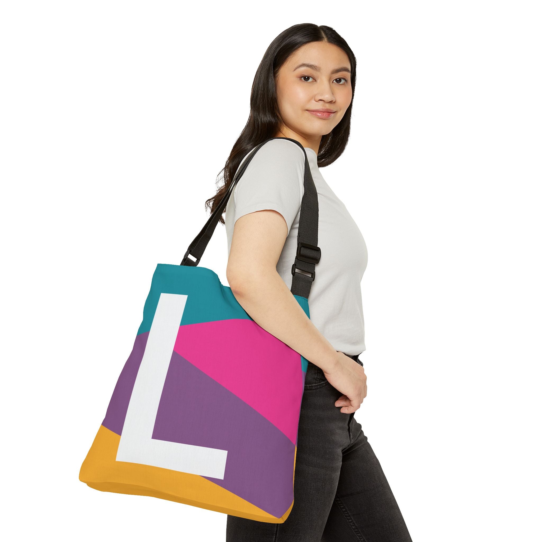 Initial Letter 'L' Colorblock Adjustable Tote Bag — Monogram Alphabet Shoulder Bag