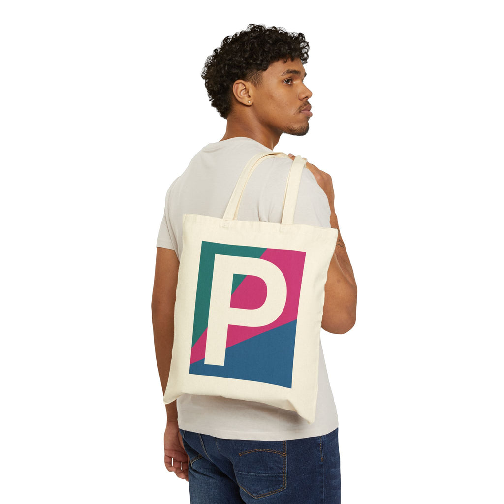 Initial P Colorblock Canvas Tote Bag — Monogram Letter P Reusable Grocery Tote