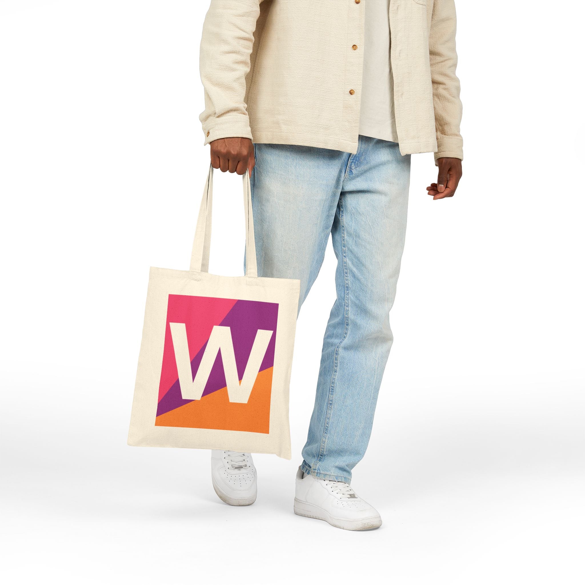 Initial W Colorblock Canvas Tote Bag — Monogram Letter W Reusable Grocery Tote