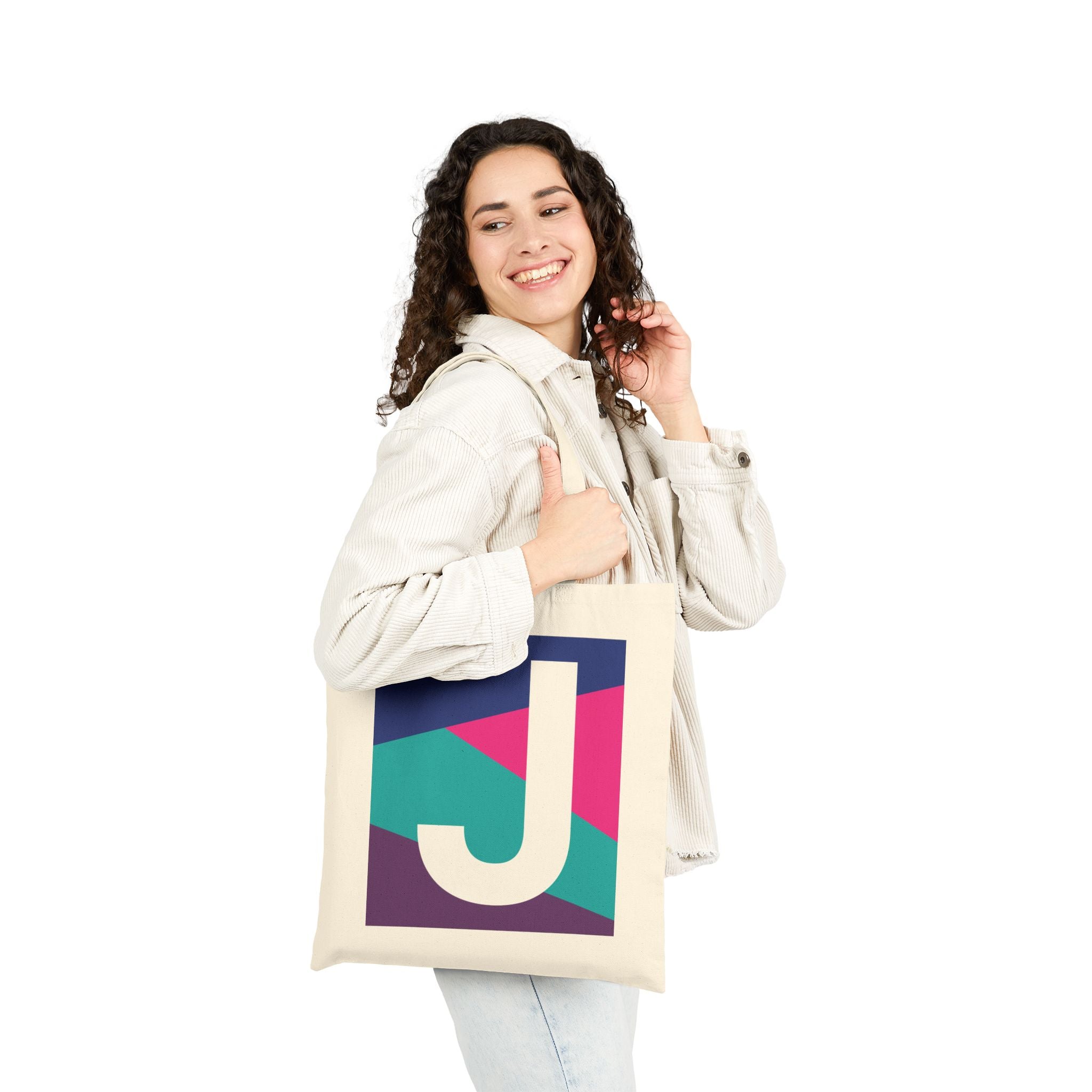 Initial J Colorblock Canvas Tote Bag — Monogram Letter J Reusable Grocery Tote