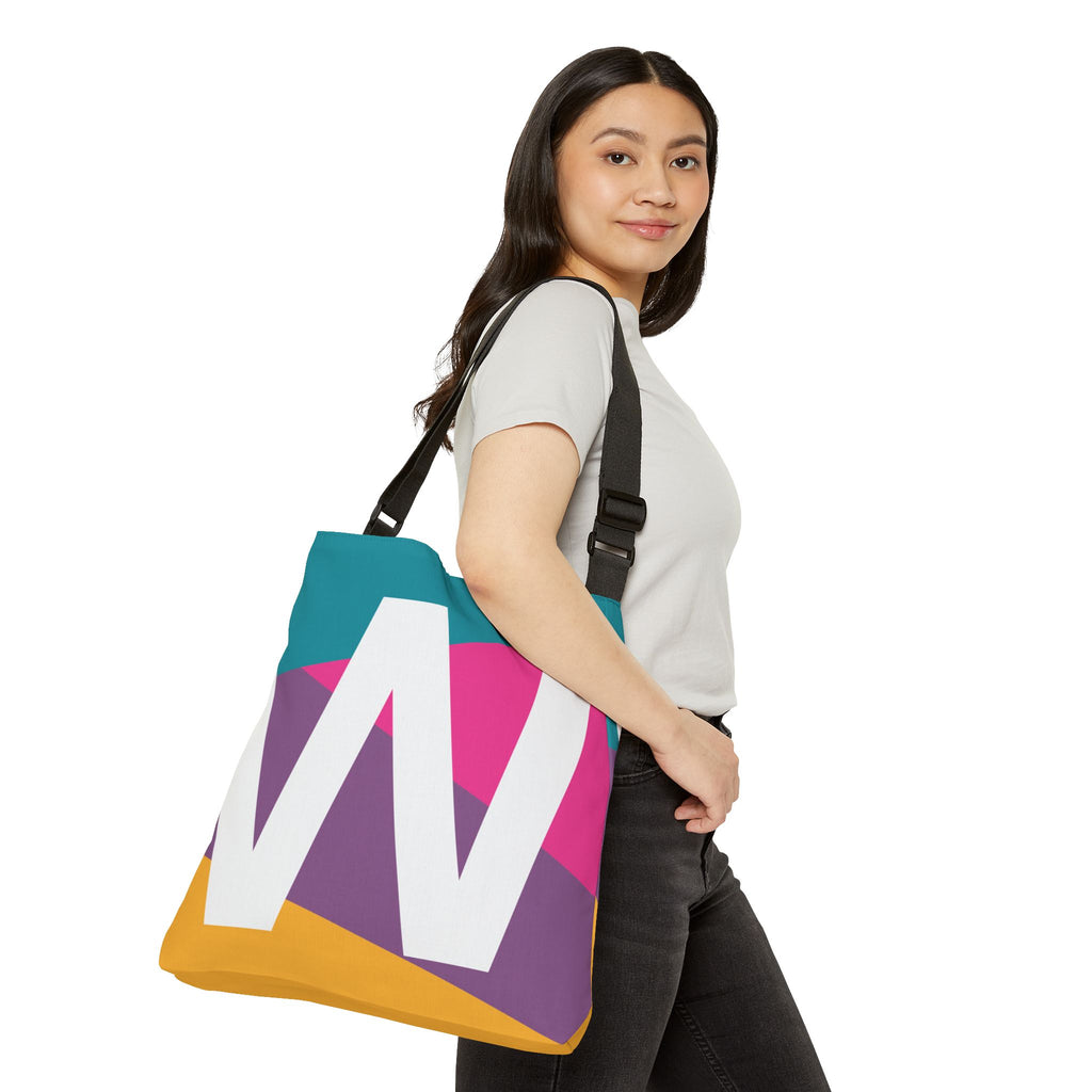 Initial Letter 'W' Colorblock Adjustable Tote Bag — Monogram Alphabet Shoulder Bag