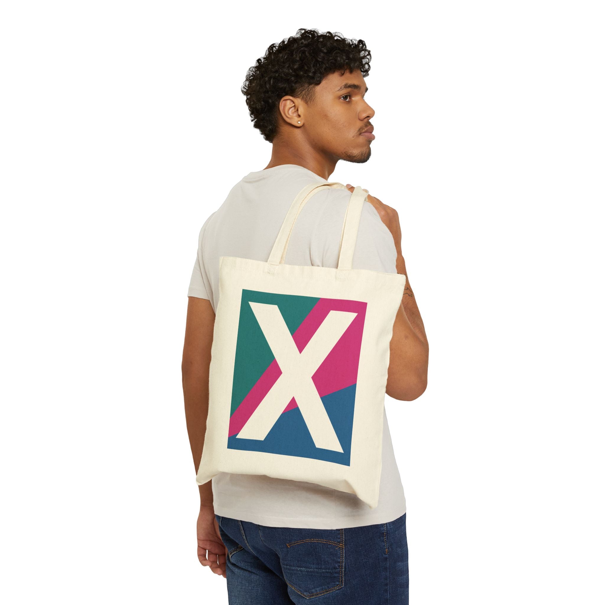 Initial X Colorblock Canvas Tote Bag — Monogram Letter X Reusable Grocery Tote