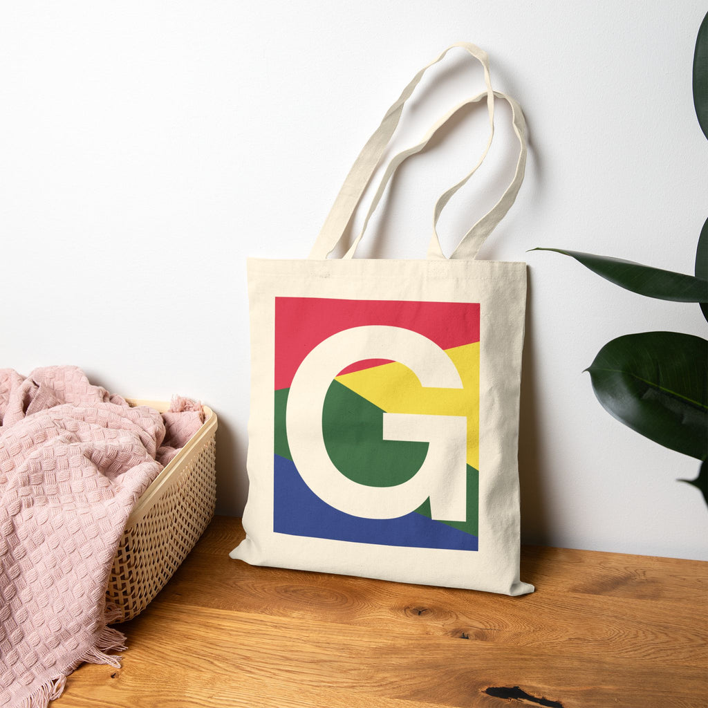 Initial G Colorblock Canvas Tote Bag — Monogram Letter G Reusable Grocery Tote