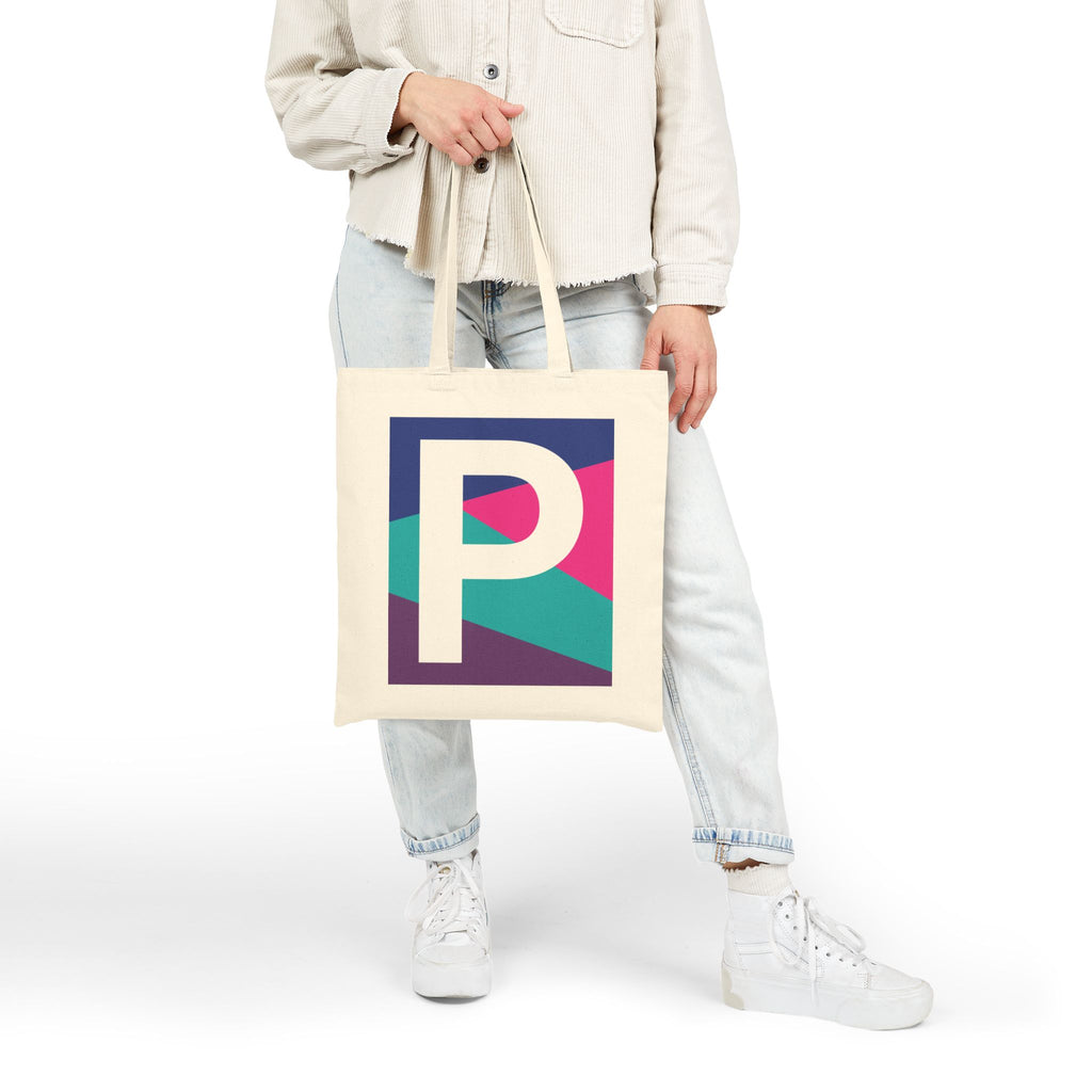 Initial P Colorblock Canvas Tote Bag — Monogram Letter P Reusable Grocery Tote