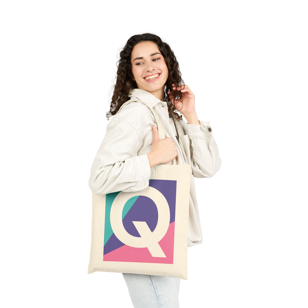 Initial Q Colorblock Canvas Tote Bag — Monogram Letter Q Reusable Grocery Tote