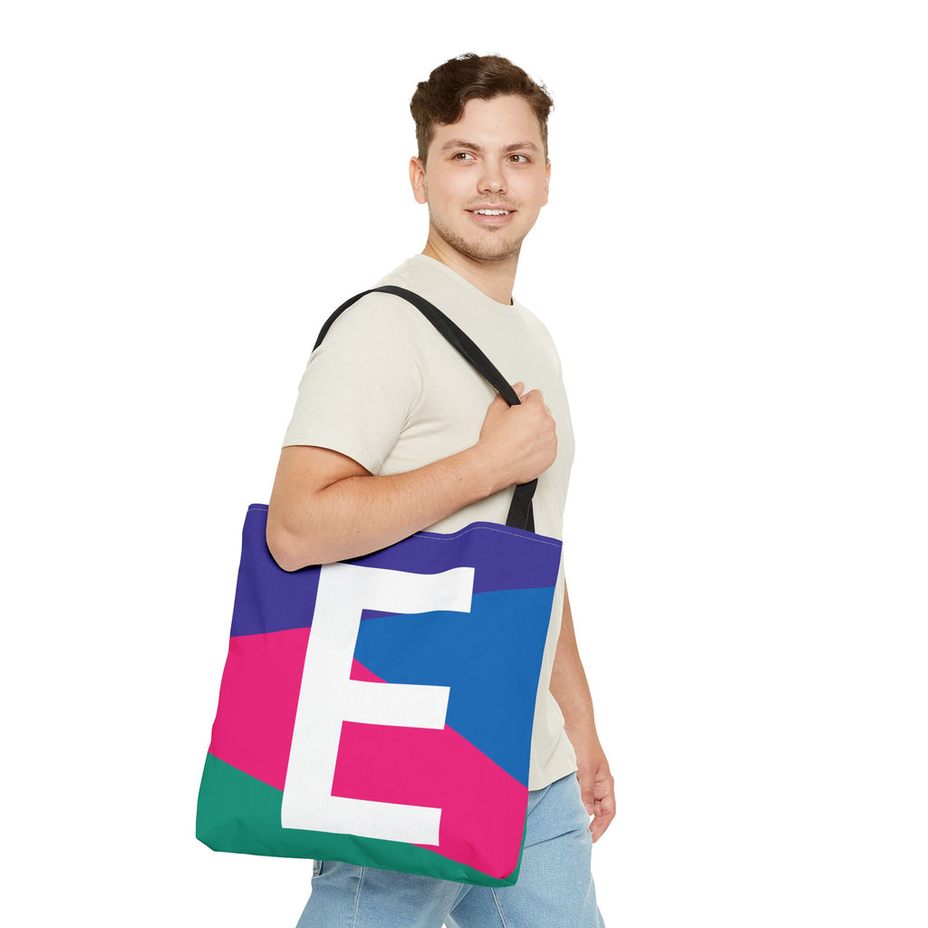 Monogram 'E' Colorblock Tote Bag — Personalized Initial E Shoulder Tote