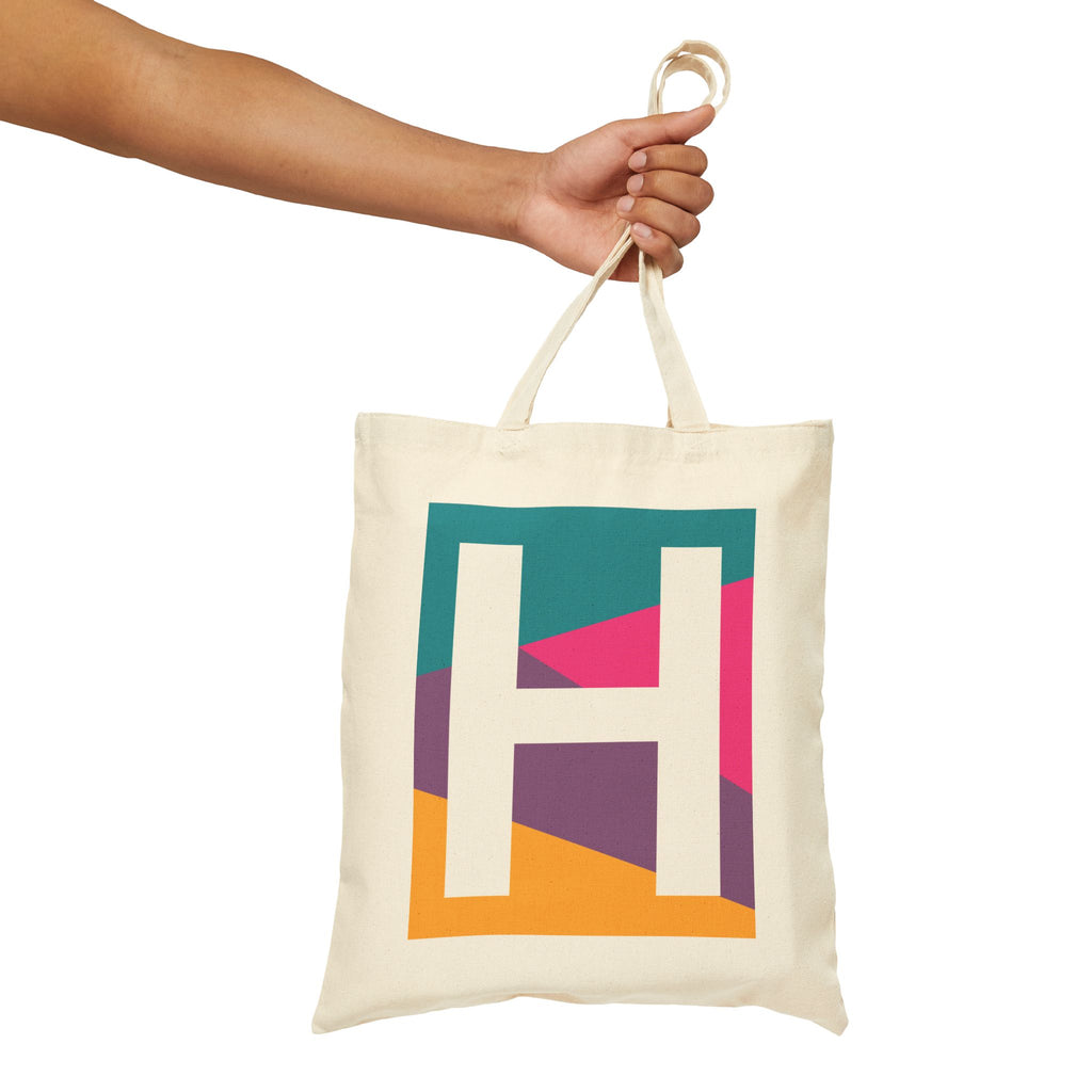 Initial H Colorblock Canvas Tote Bag — Monogram Letter H Reusable Grocery Tote