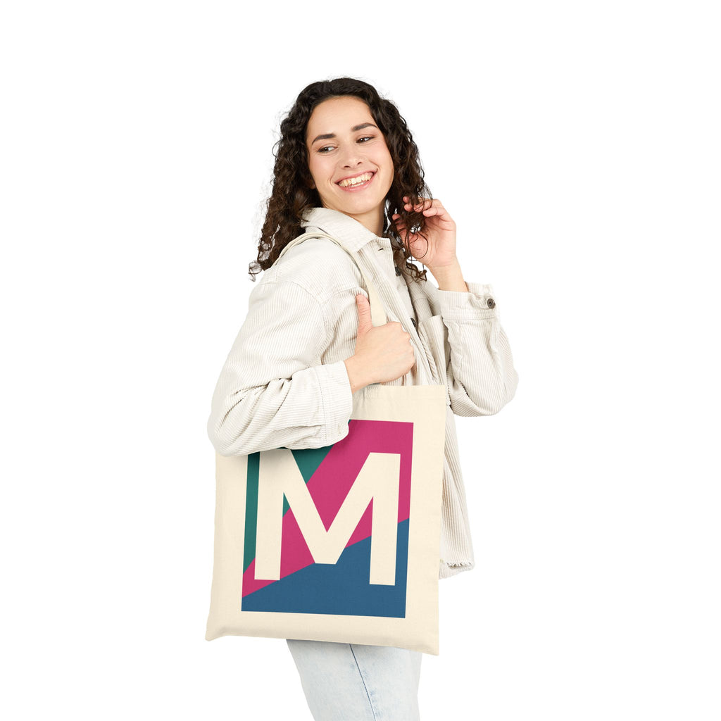 Initial M Colorblock Canvas Tote Bag — Monogram Letter M Reusable Grocery Tote