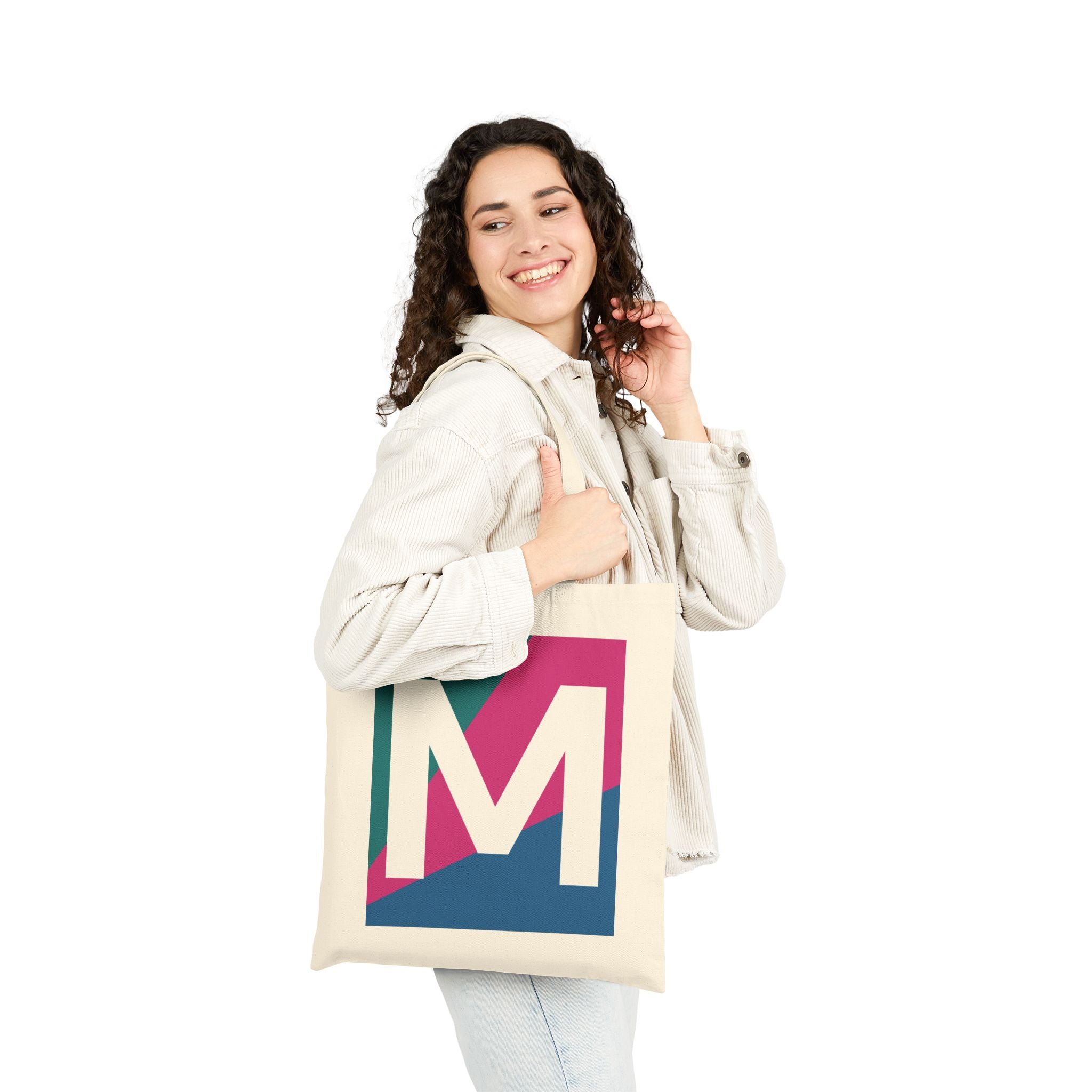 Initial M Colorblock Canvas Tote Bag — Monogram Letter M Reusable Grocery Tote