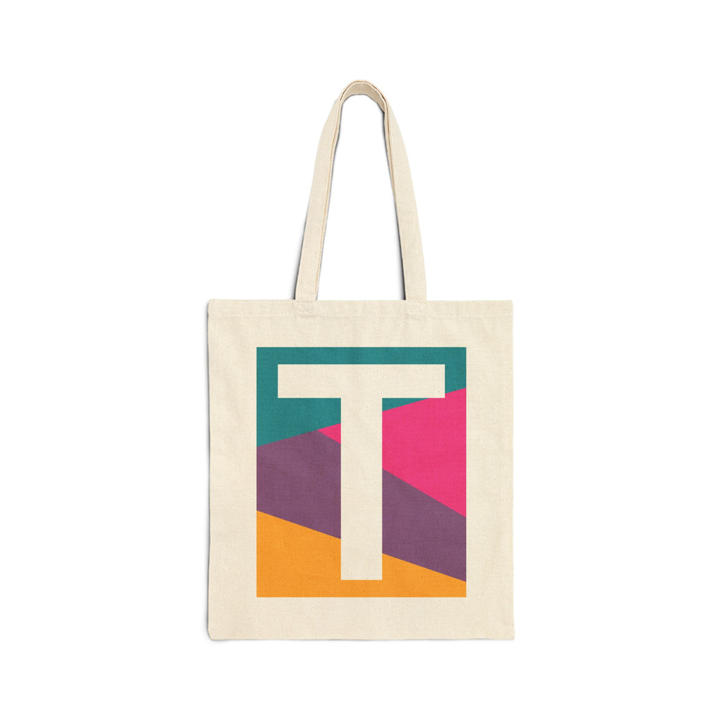 Initial T Colorblock Canvas Tote Bag — Monogram Letter T Reusable Grocery Tote