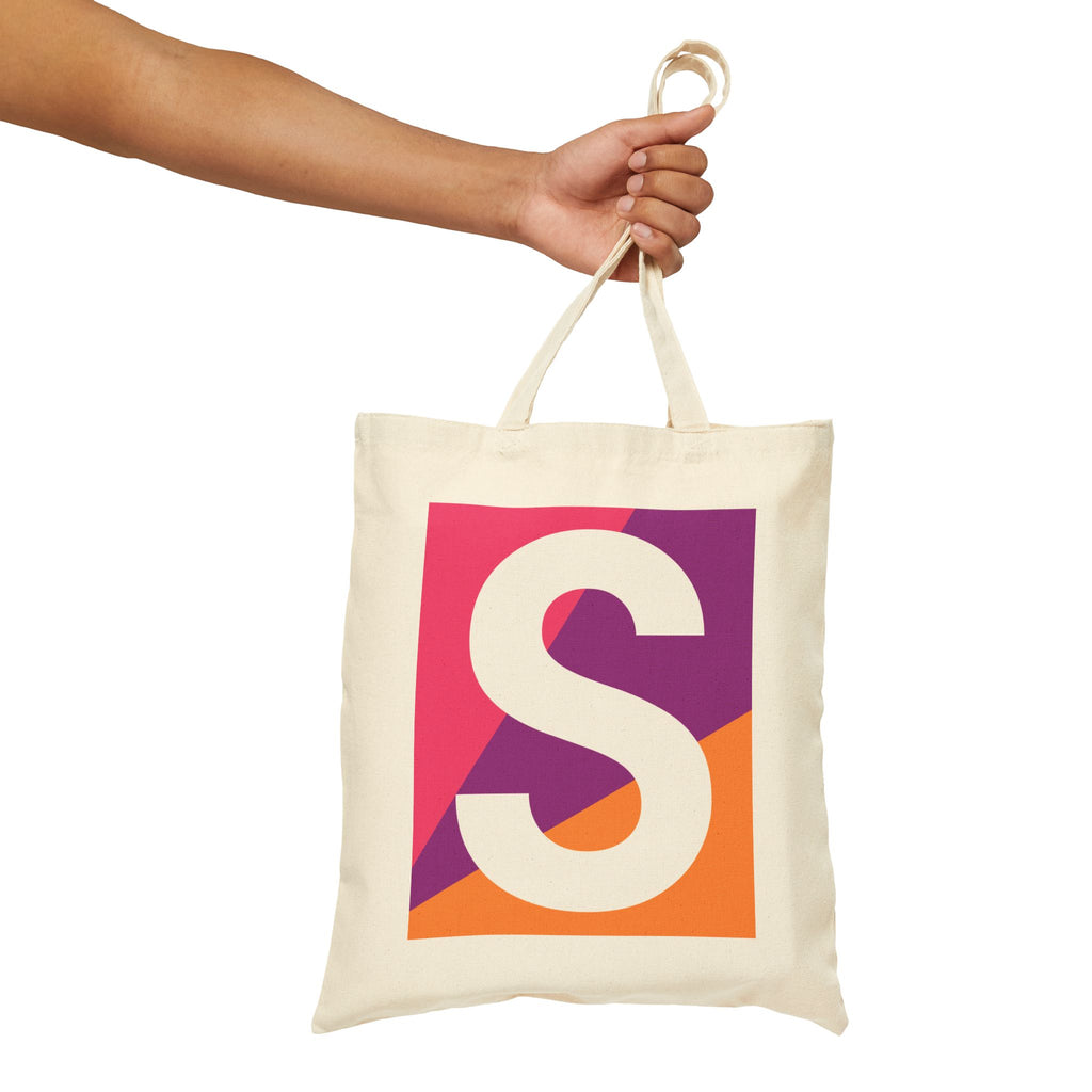 Initial S Colorblock Canvas Tote Bag — Monogram Letter S Reusable Grocery Tote