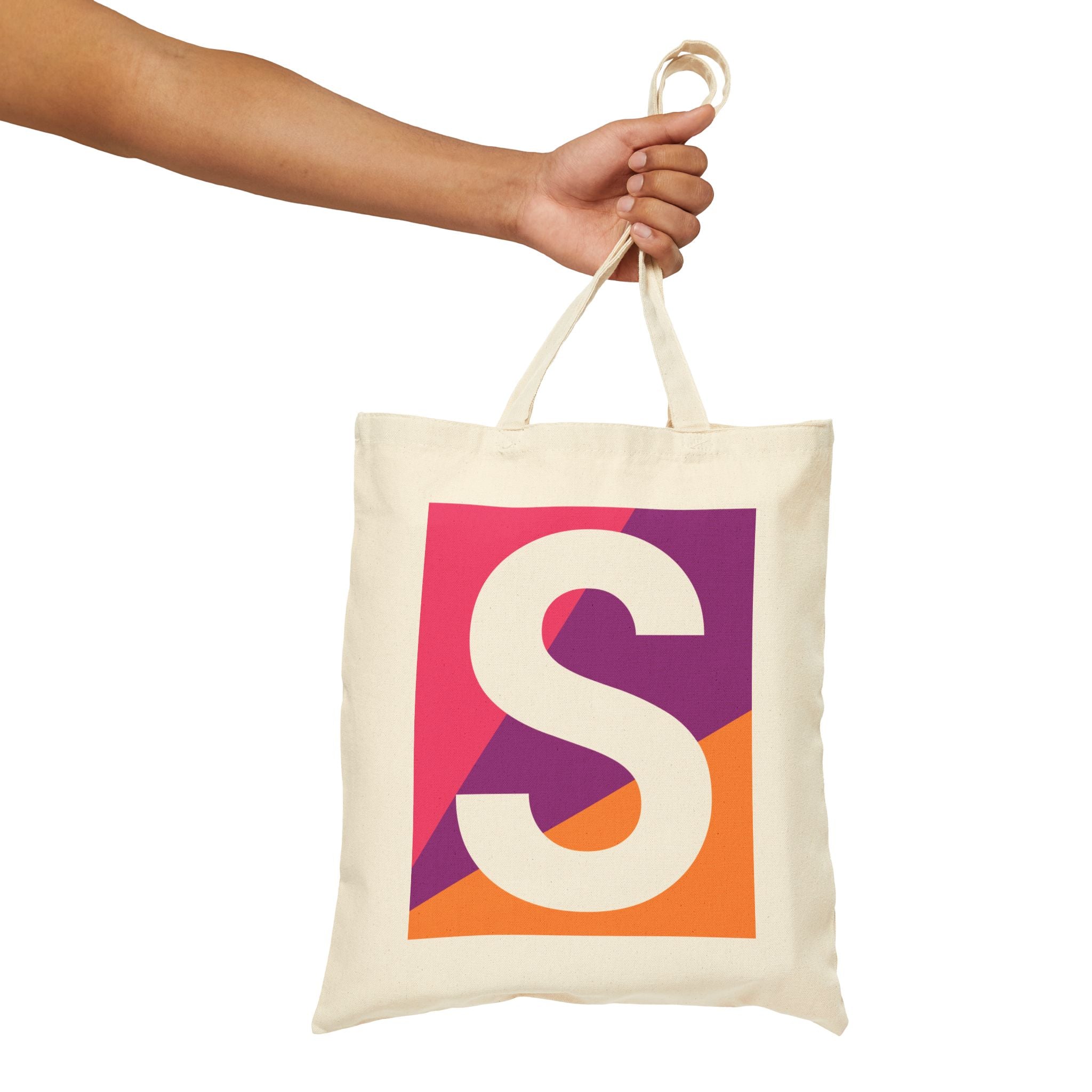 Initial S Colorblock Canvas Tote Bag — Monogram Letter S Reusable Grocery Tote