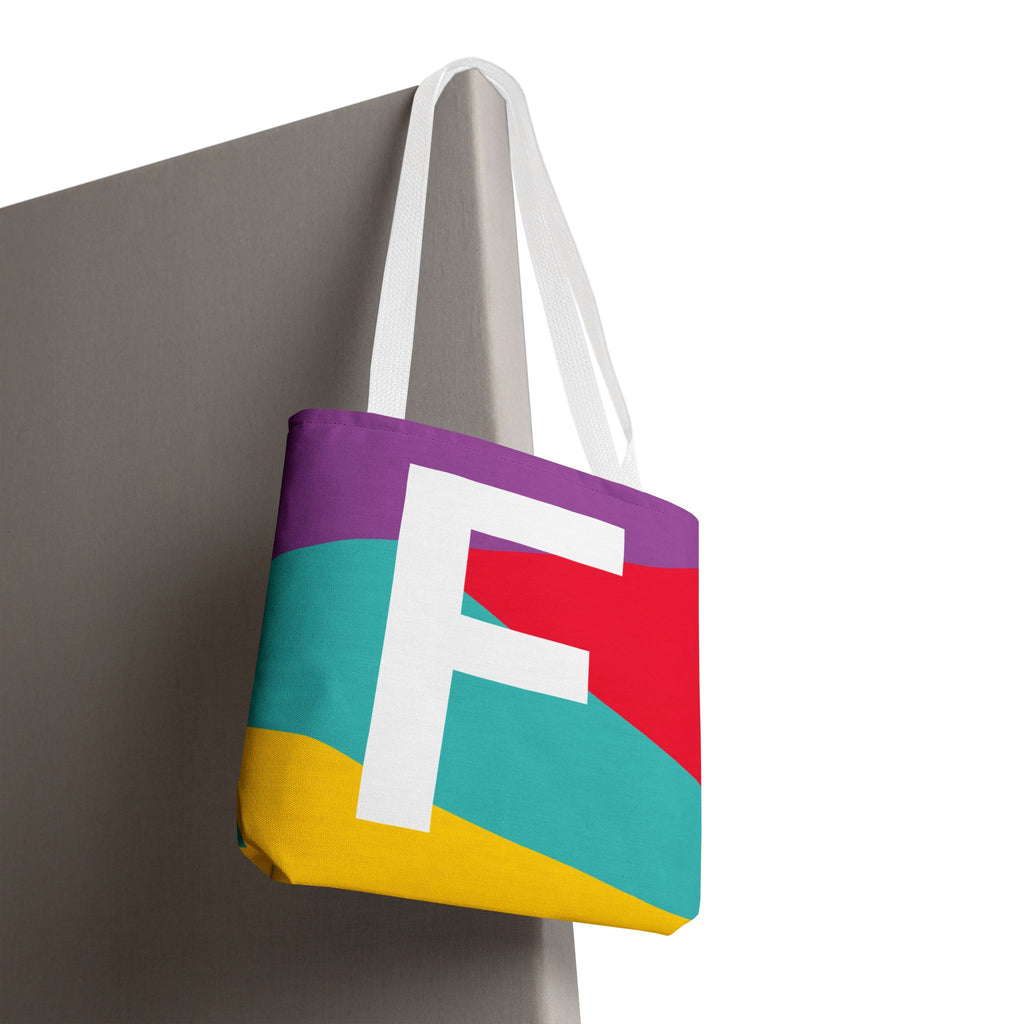 Monogram 'F' Colorblock Tote Bag — Personalized Initial F Shoulder Tote