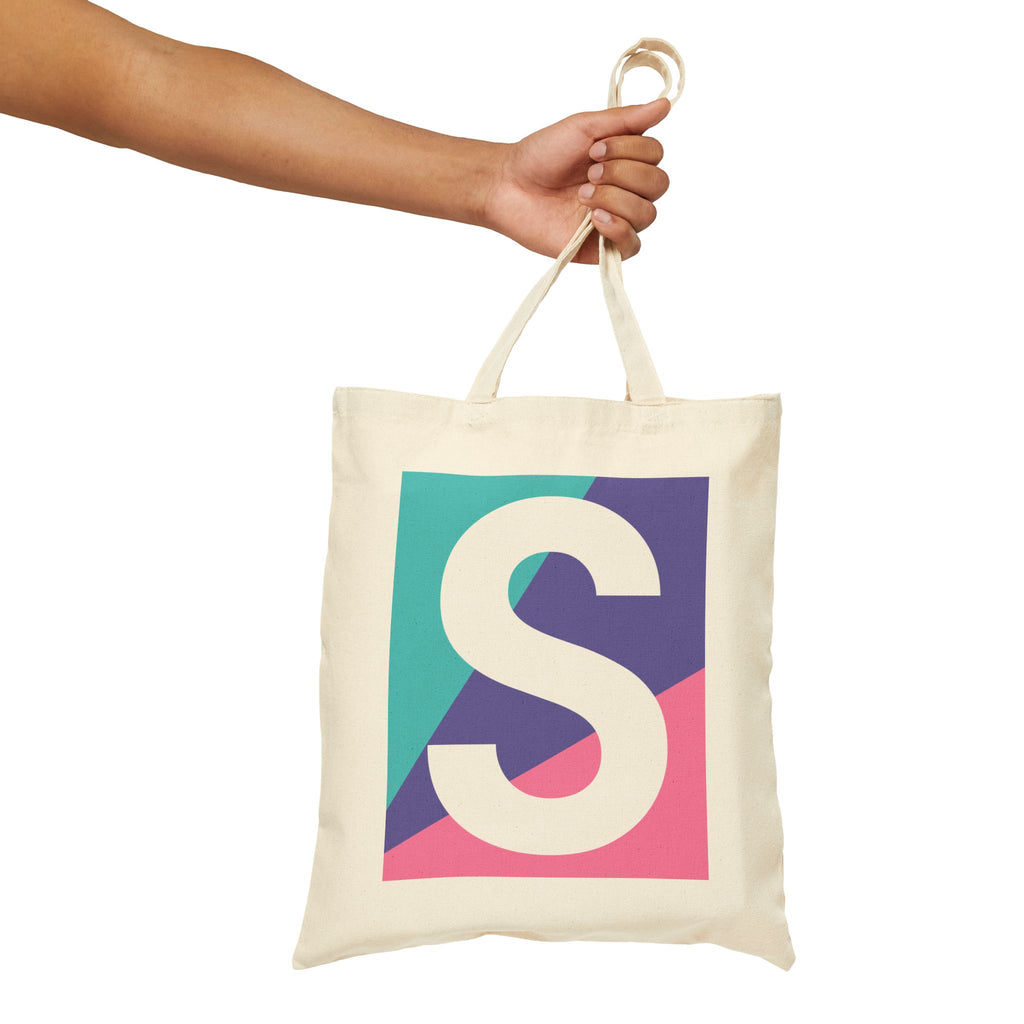 Initial S Colorblock Canvas Tote Bag — Monogram Letter S Reusable Grocery Tote