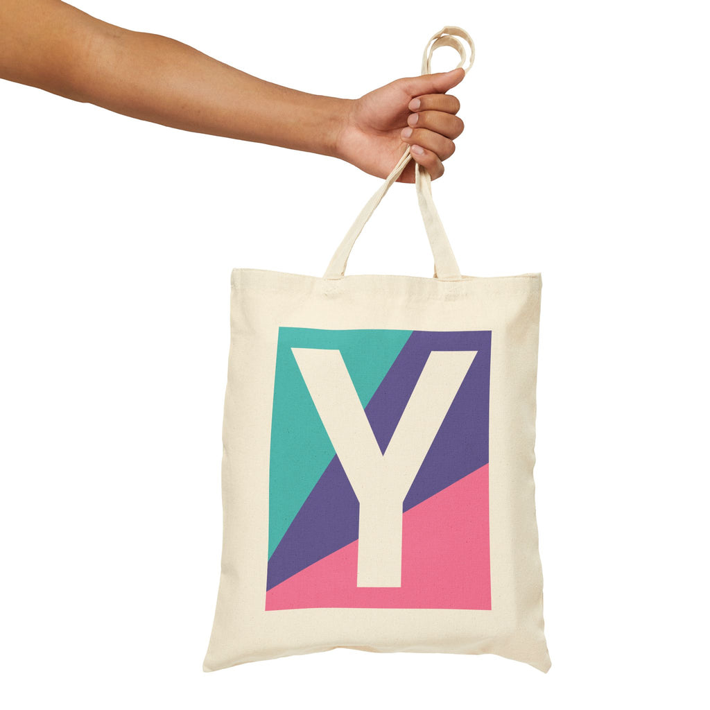 Initial Y Colorblock Canvas Tote Bag — Monogram Letter Y Reusable Grocery Tote
