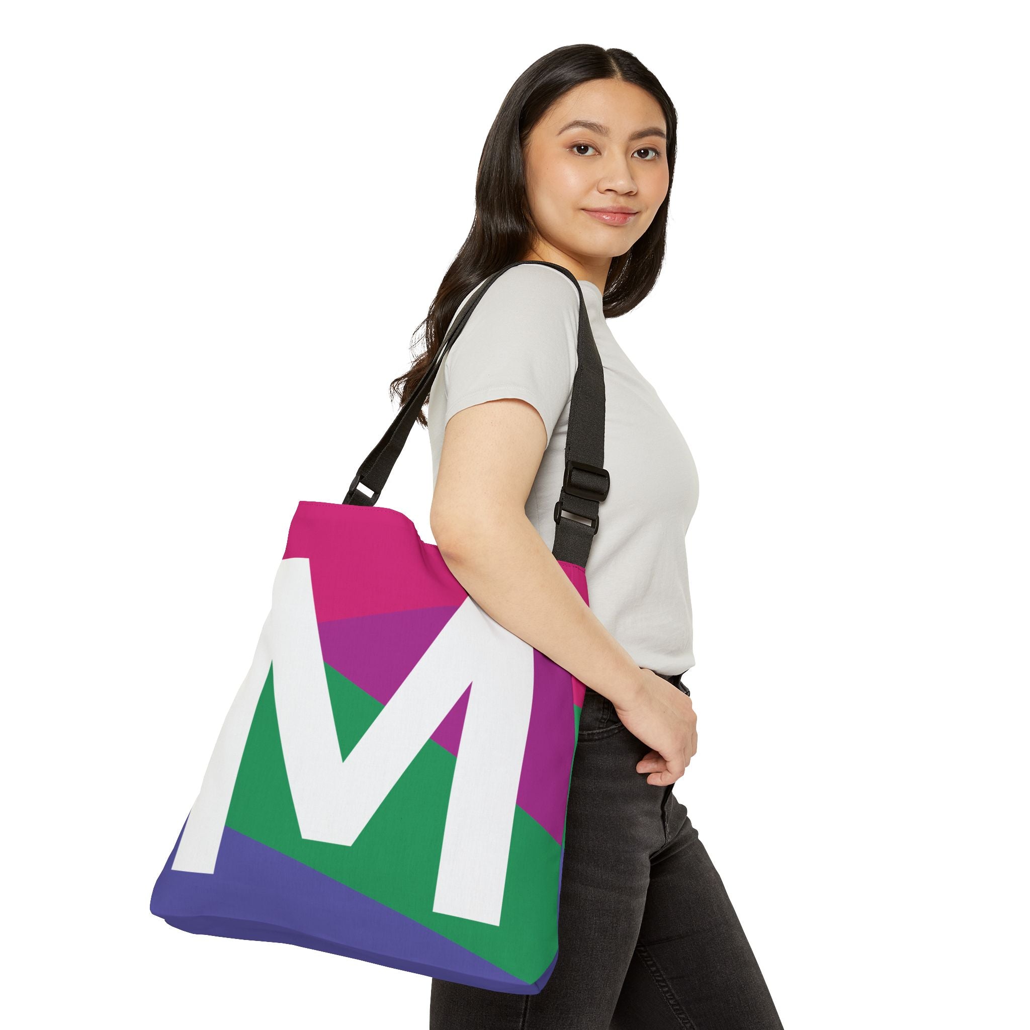 Initial Letter 'M' Colorblock Adjustable Tote Bag — Monogram Alphabet Shoulder Bag