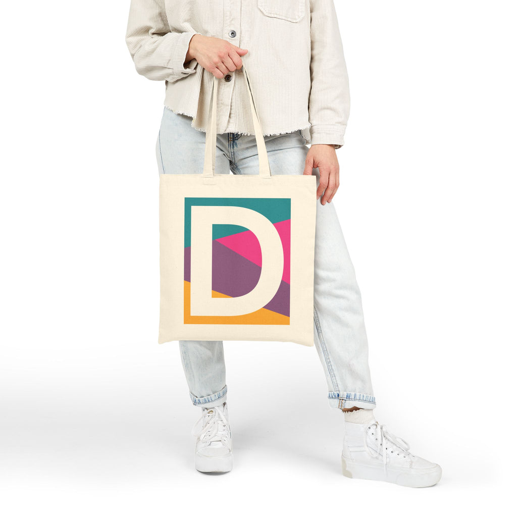 Initial D Colorblock Canvas Tote Bag — Monogram Letter D Reusable Grocery Tote