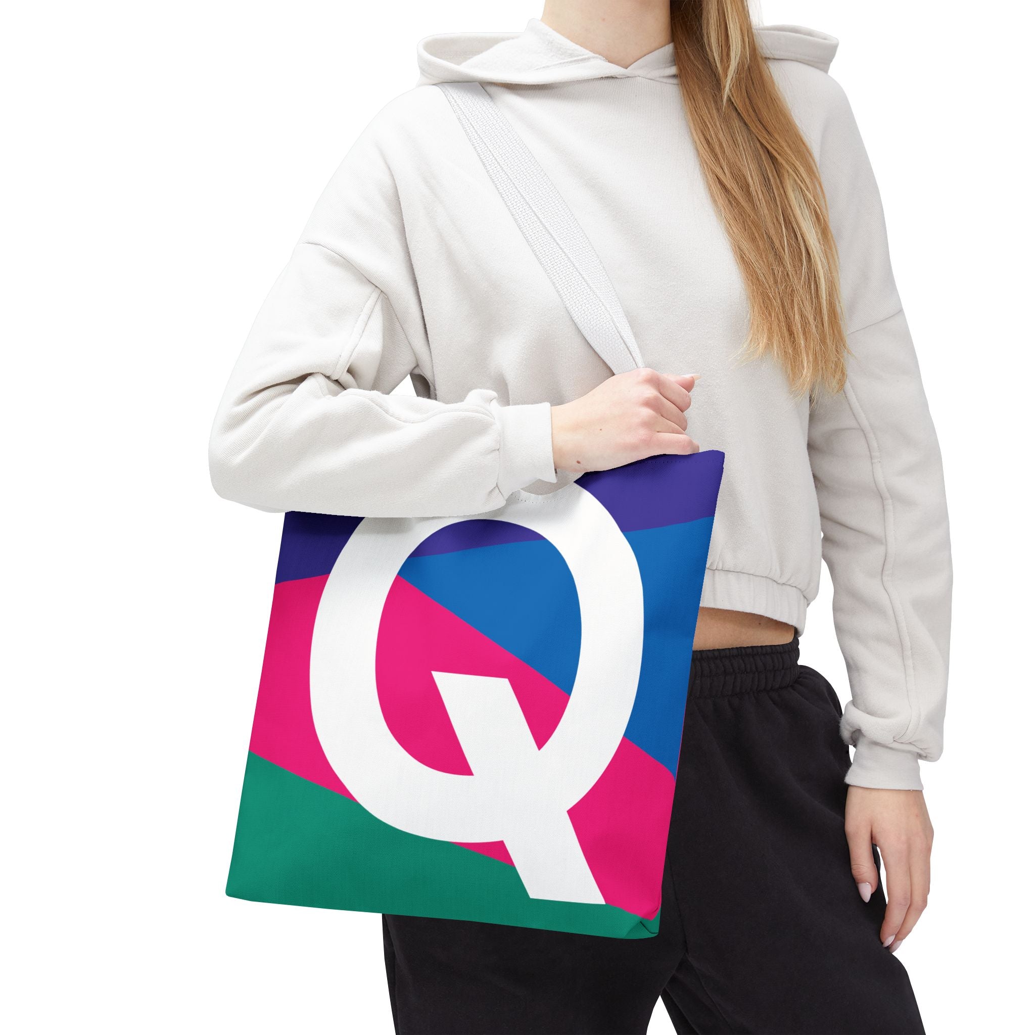 Monogram 'Q' Colorblock Tote Bag — Personalized Initial Q Shoulder Tote