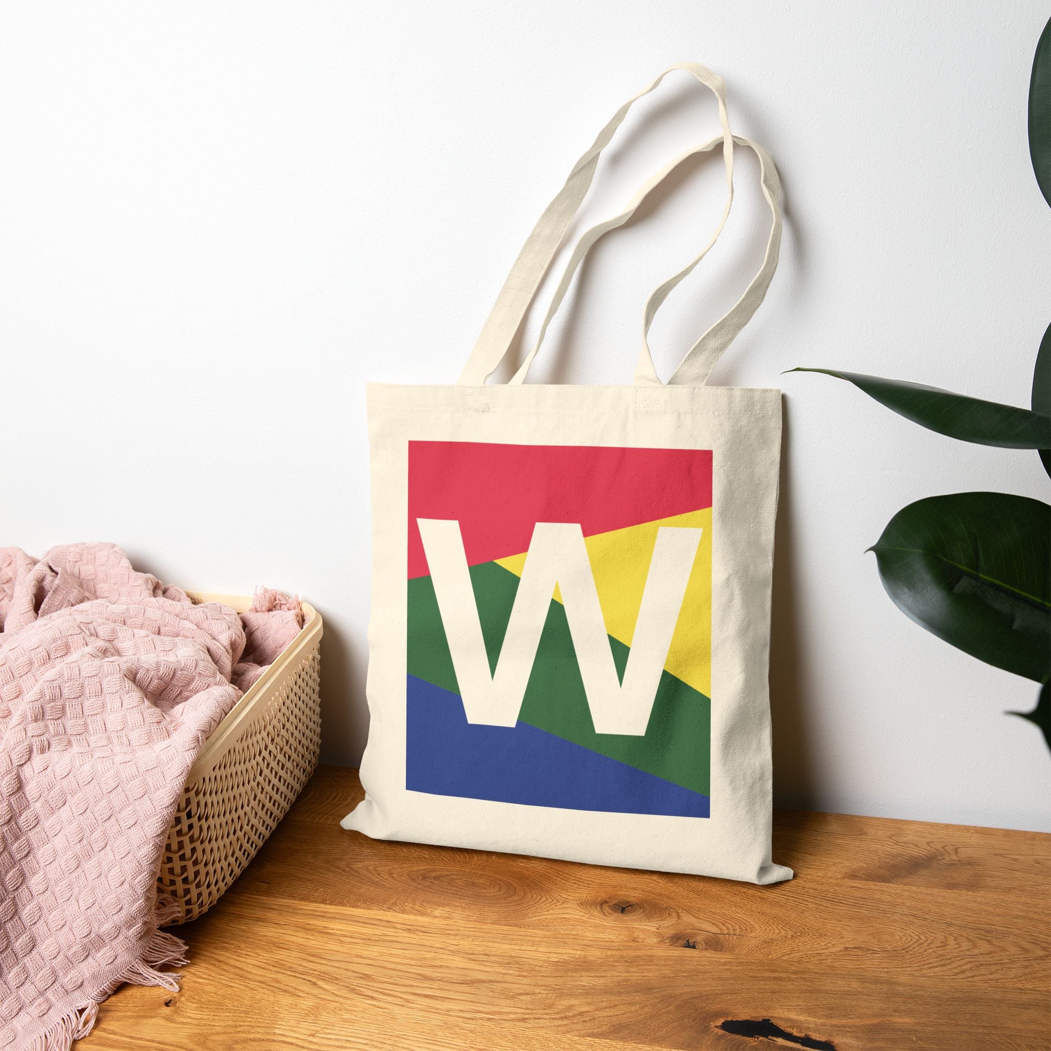 Initial W Colorblock Canvas Tote Bag — Monogram Letter W Reusable Grocery Tote