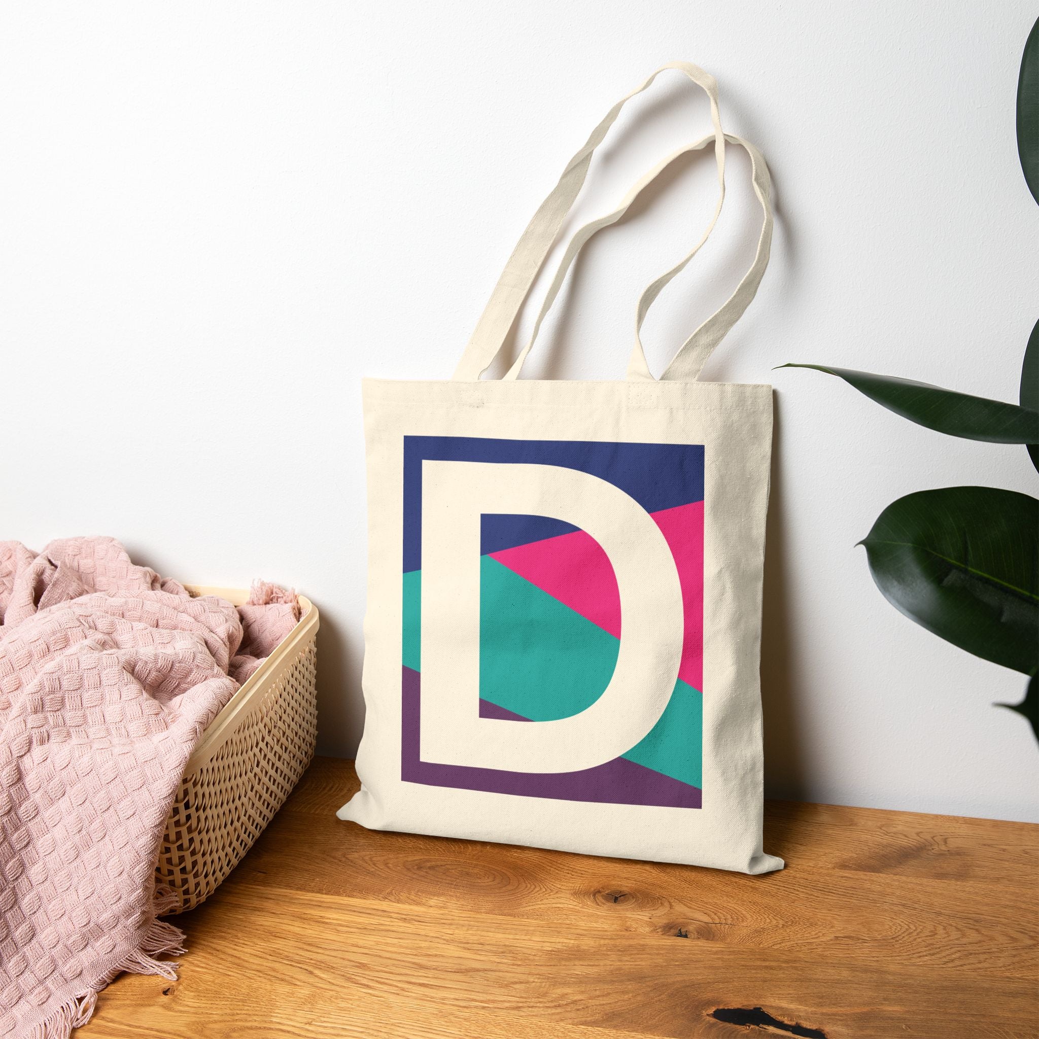 Initial D Colorblock Canvas Tote Bag — Monogram Letter D Reusable Grocery Tote