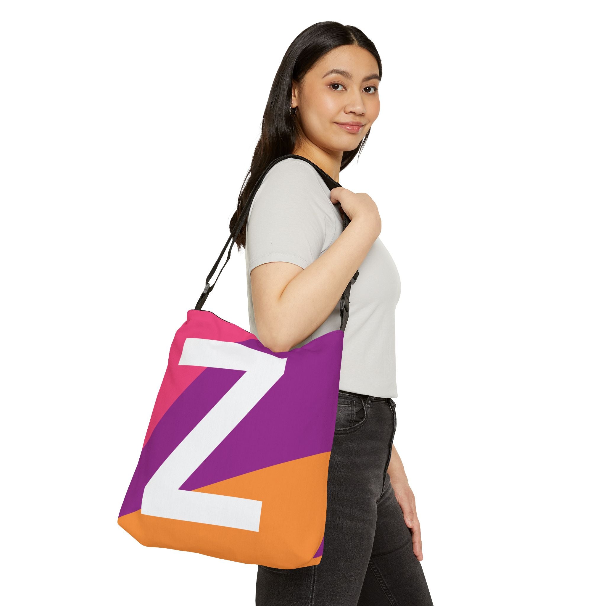Initial Letter 'Z' Colorblock Adjustable Tote Bag — Monogram Alphabet Shoulder Bag