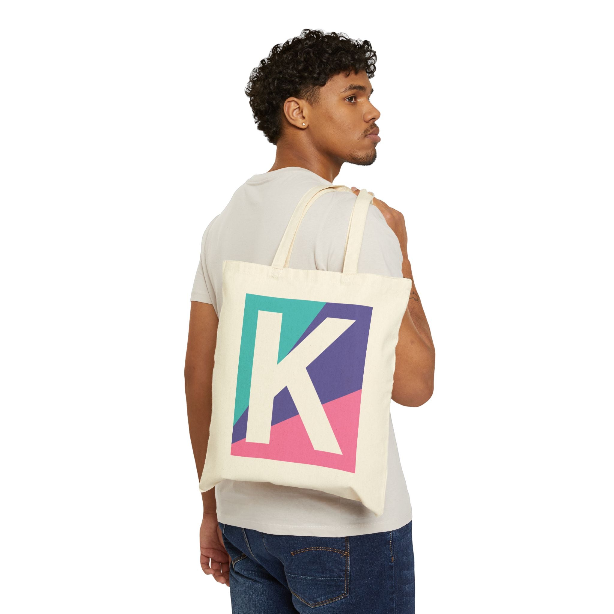 Initial K Colorblock Canvas Tote Bag — Monogram Letter K Reusable Grocery Tote