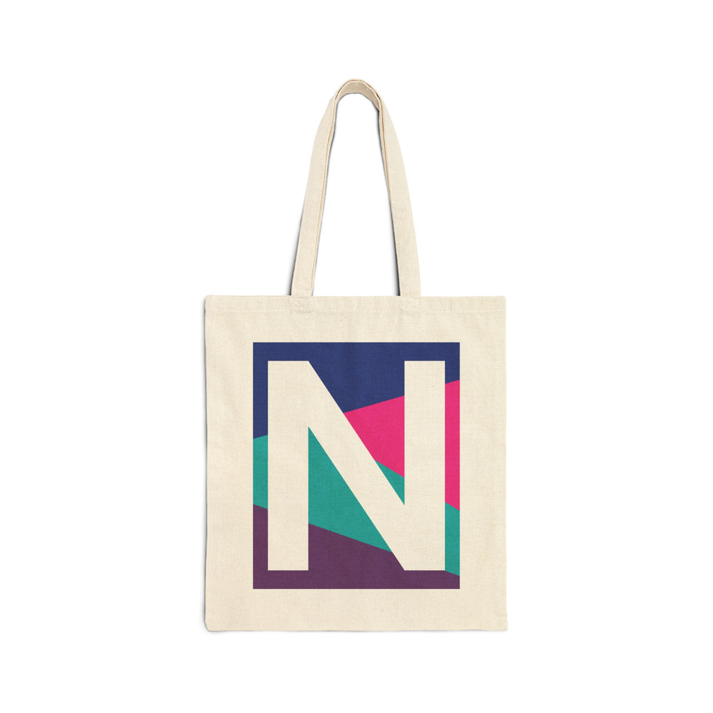Initial N Colorblock Canvas Tote Bag — Monogram Letter N Reusable Grocery Tote