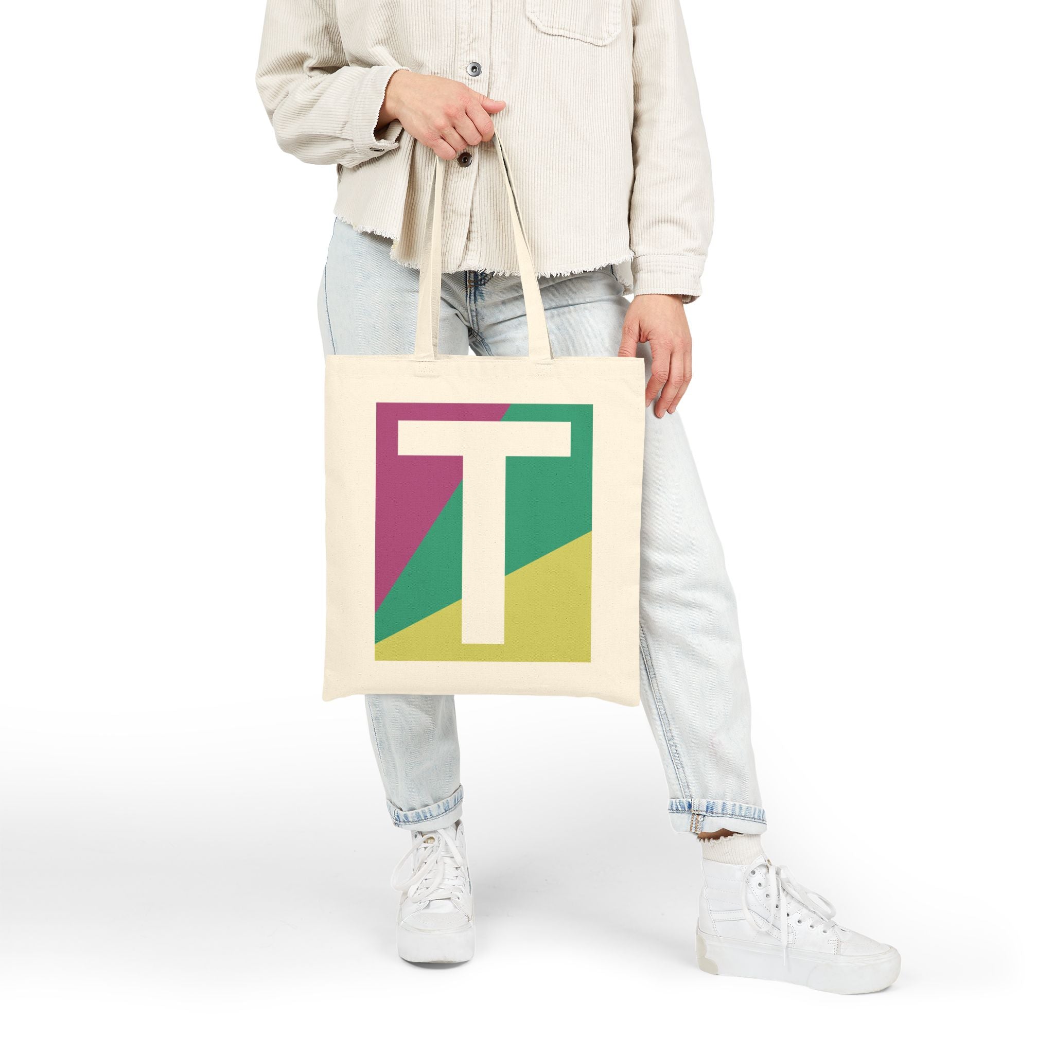 Initial T Colorblock Canvas Tote Bag — Monogram Letter T Reusable Grocery Tote