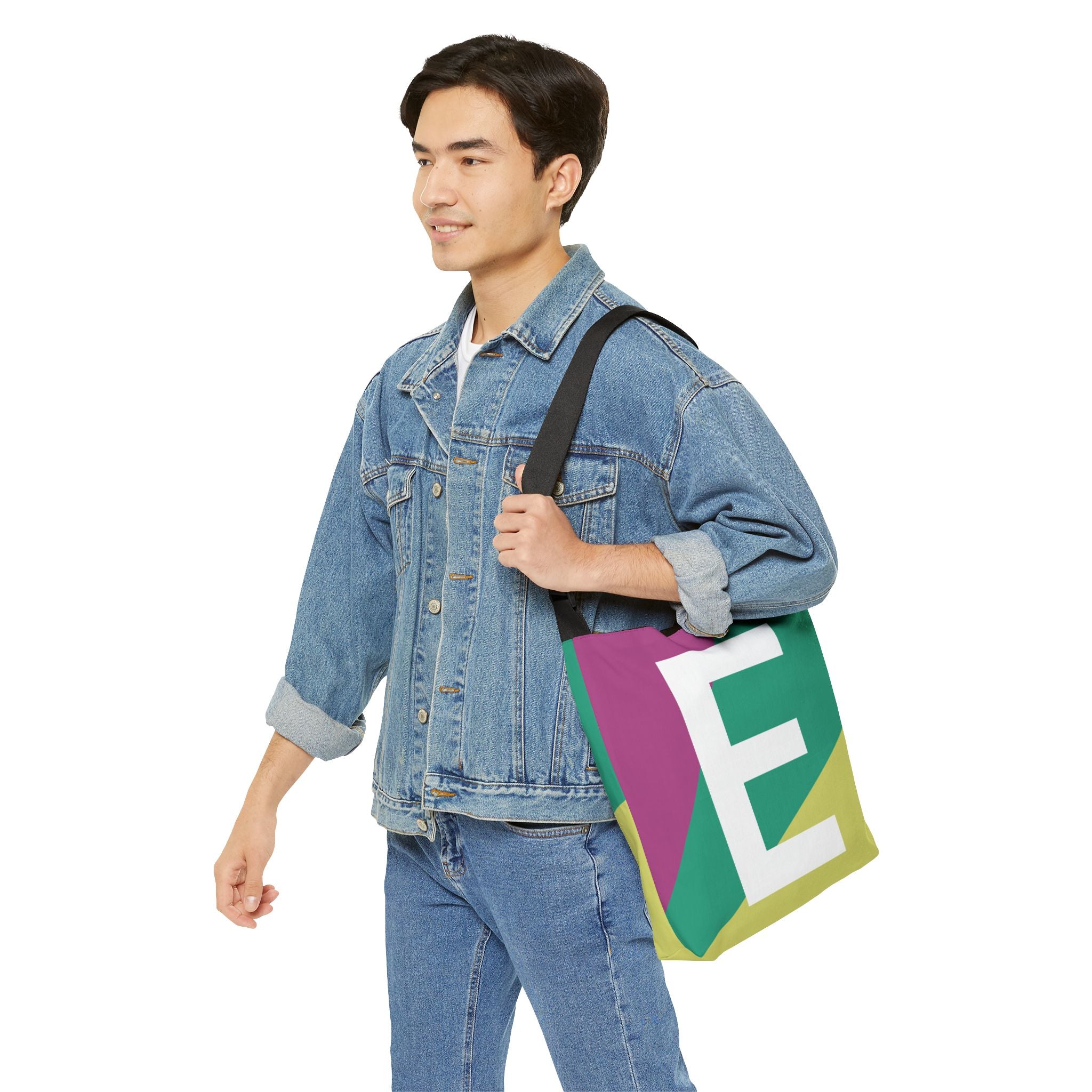 Initial Letter 'E' Colorblock Adjustable Tote Bag — Monogram Alphabet Shoulder Bag