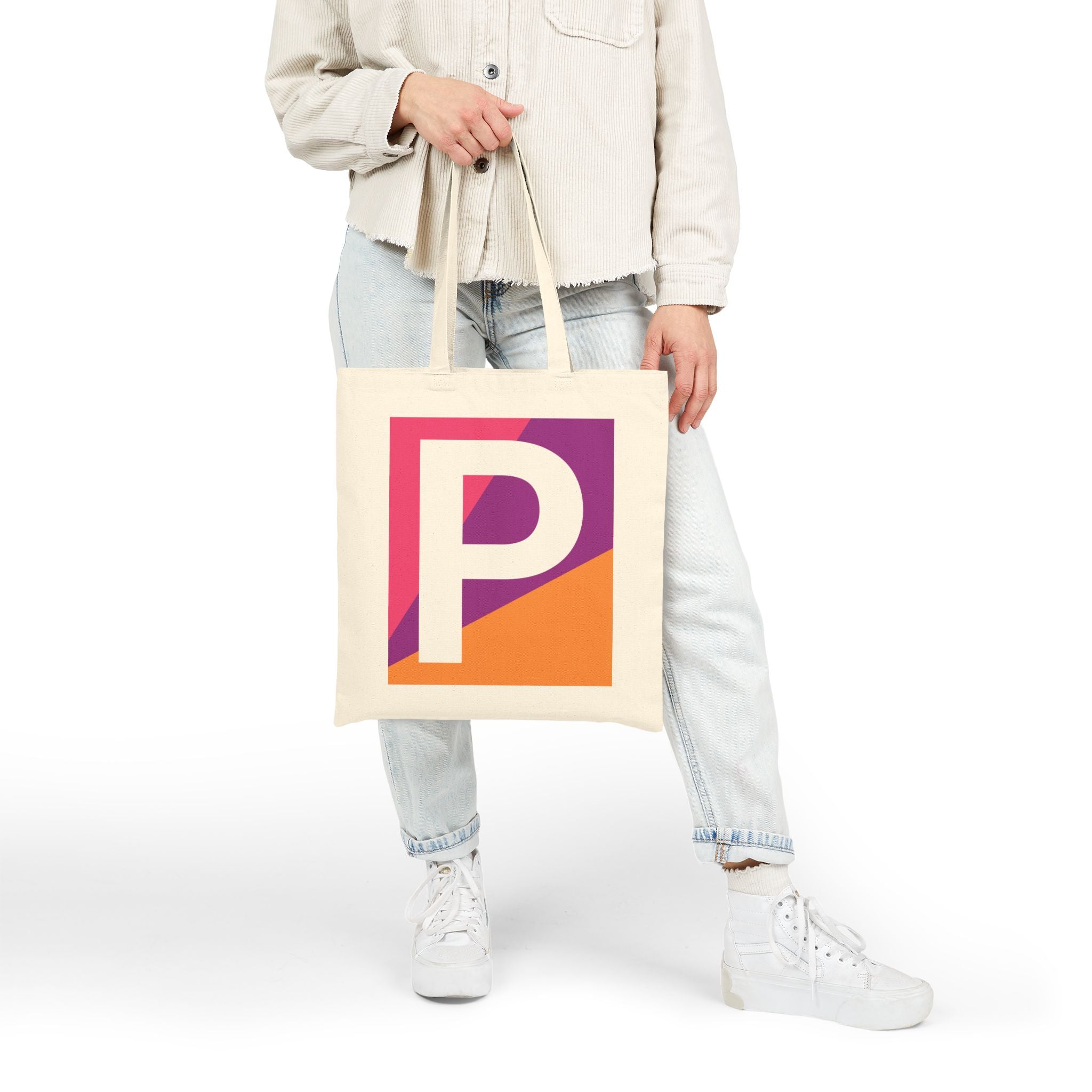 Initial P Colorblock Canvas Tote Bag — Monogram Letter P Reusable Grocery Tote