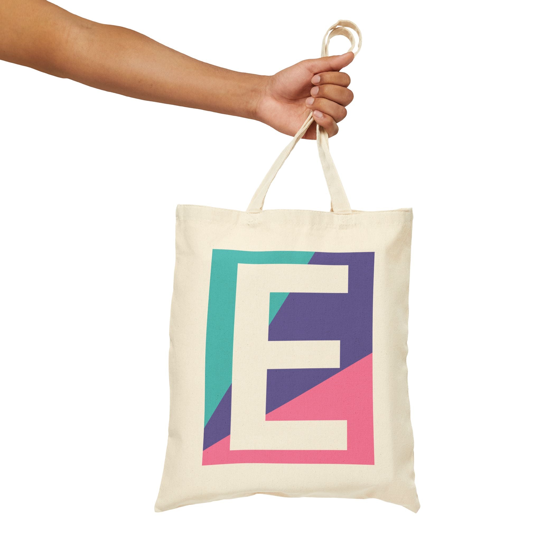 Initial E Colorblock Canvas Tote Bag — Monogram Letter E Reusable Grocery Tote