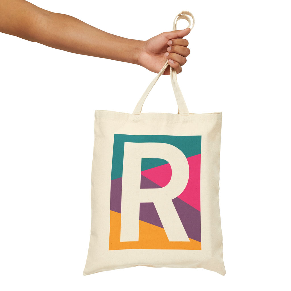 Initial R Colorblock Canvas Tote Bag — Monogram Letter R Reusable Grocery Tote