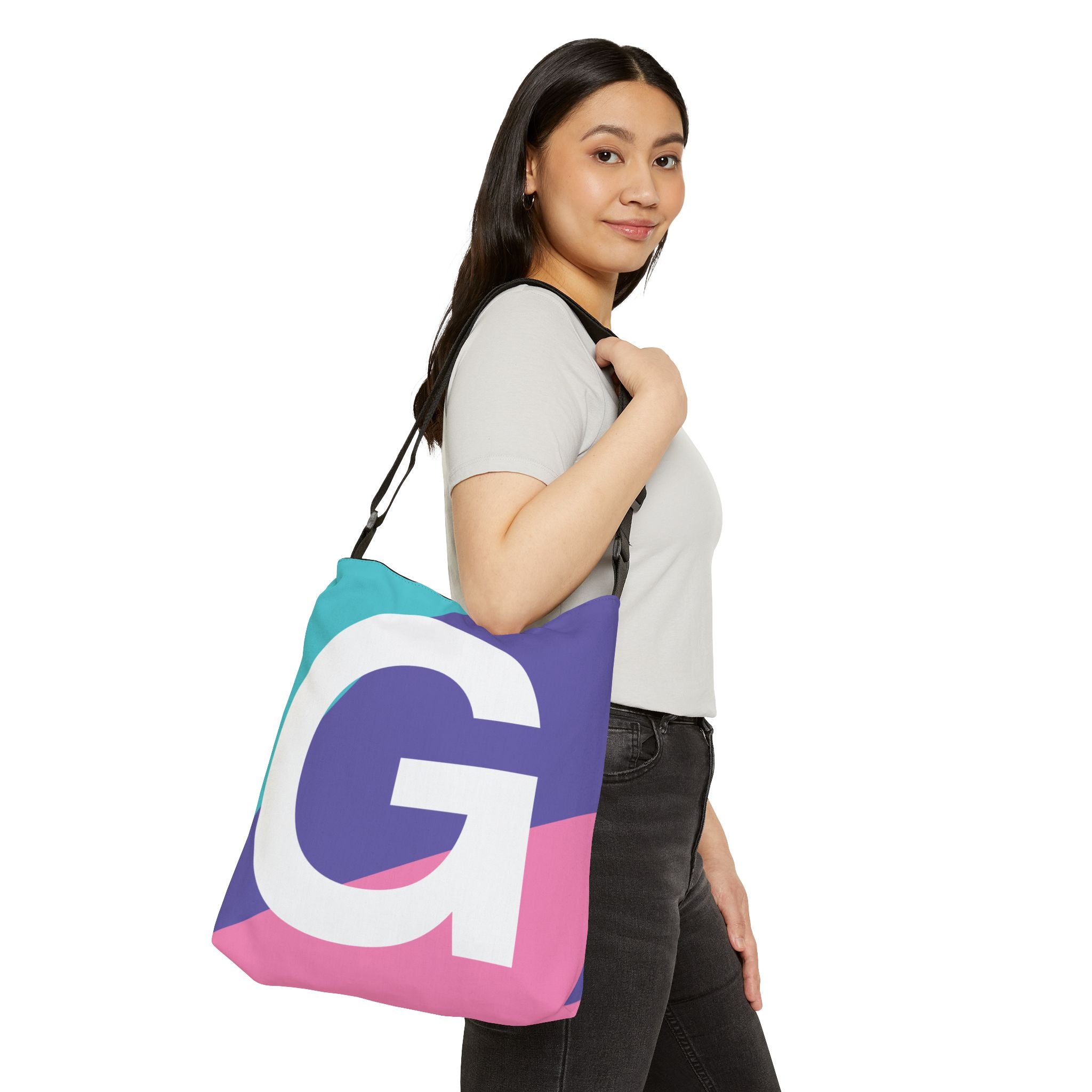 Initial Letter 'G' Colorblock Adjustable Tote Bag — Monogram Alphabet Shoulder Bag