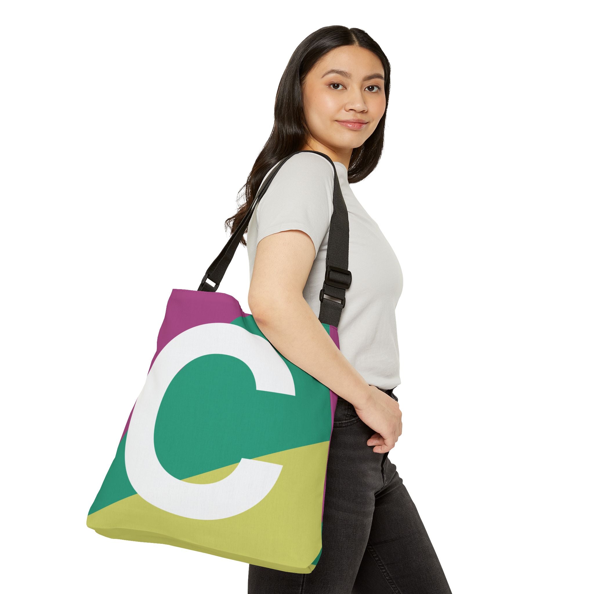 Initial Letter 'C' Colorblock Adjustable Tote Bag — Monogram Alphabet Shoulder Bag