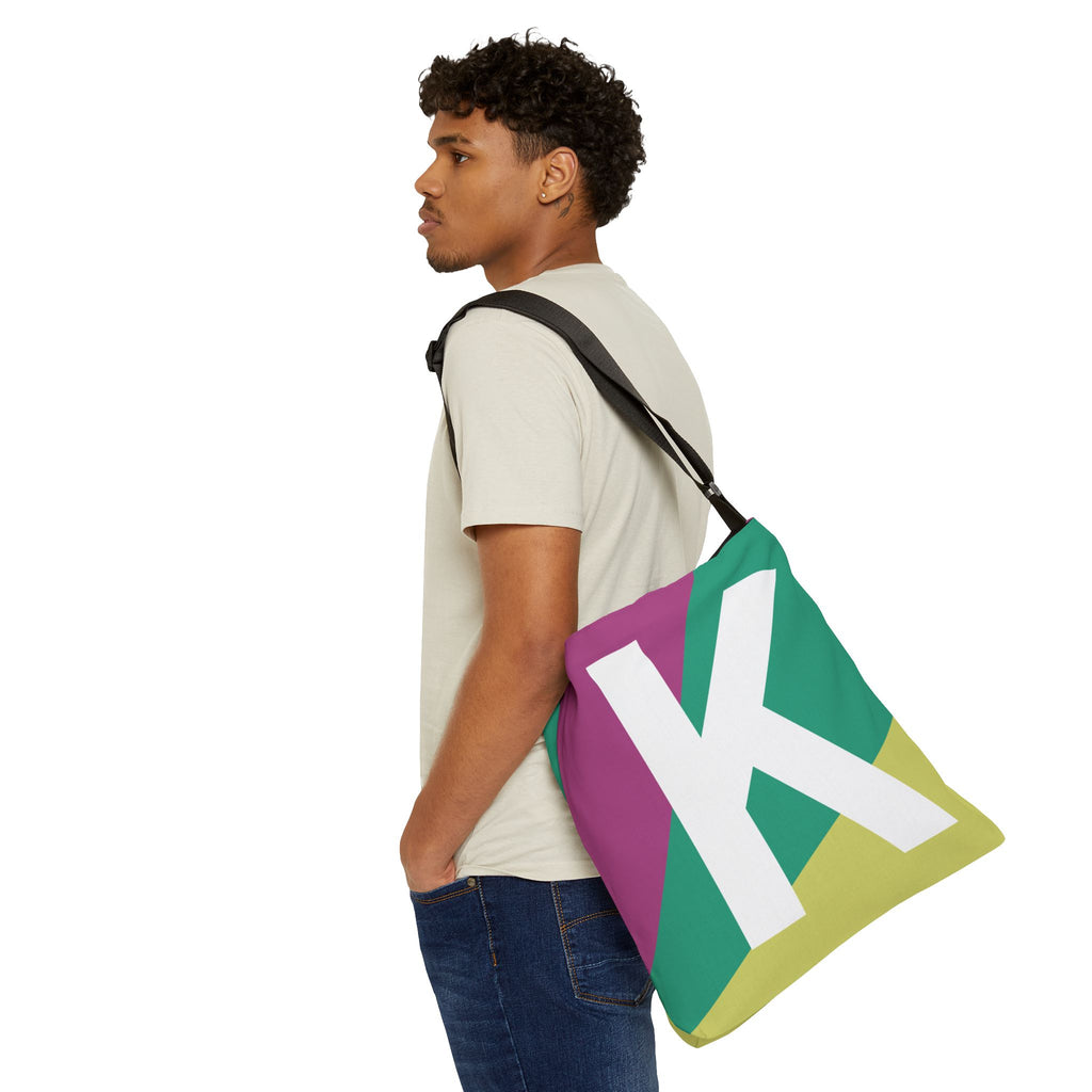 Initial Letter 'K' Colorblock Adjustable Tote Bag — Monogram Alphabet Shoulder Bag