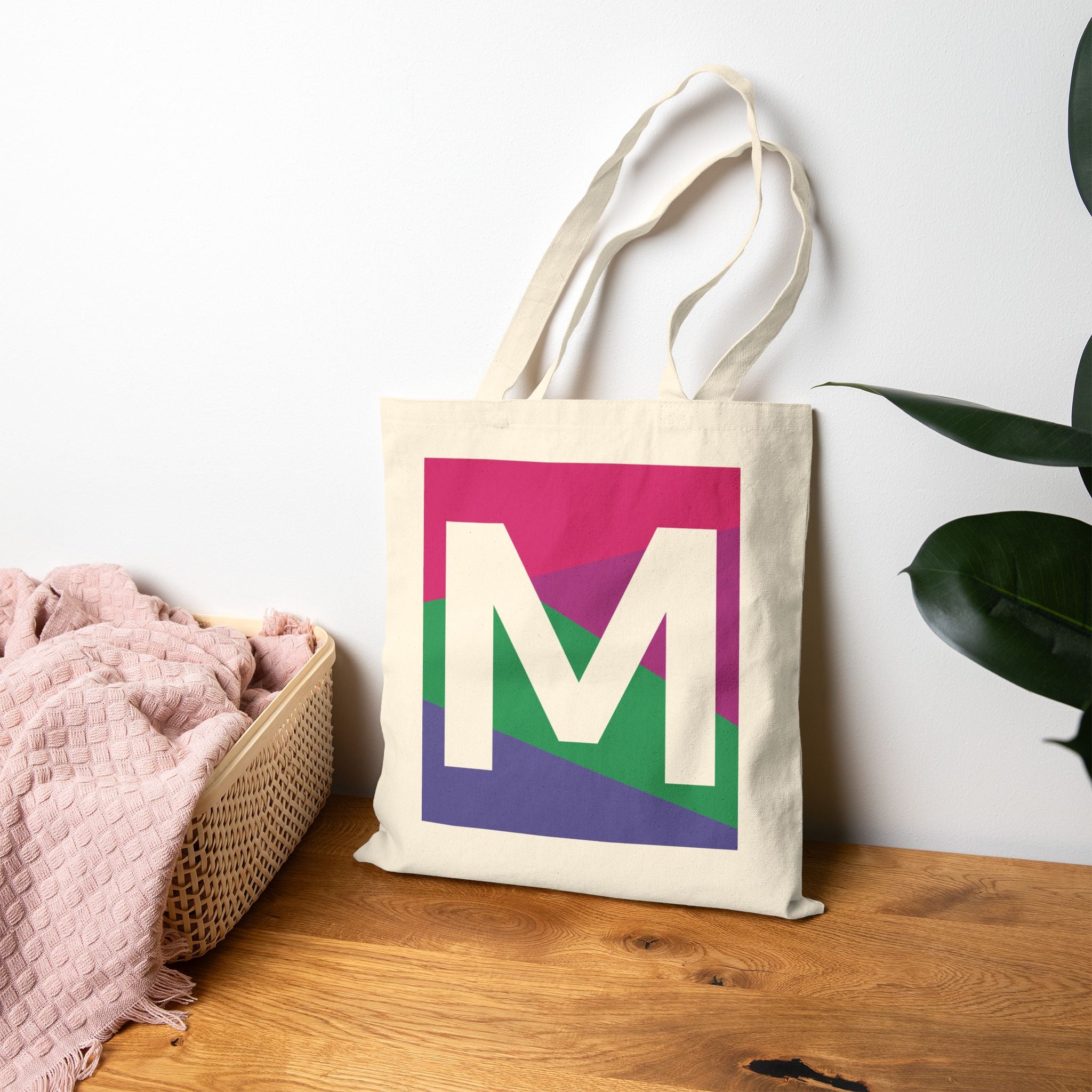 Initial M Colorblock Canvas Tote Bag — Monogram Letter M Reusable Grocery Tote
