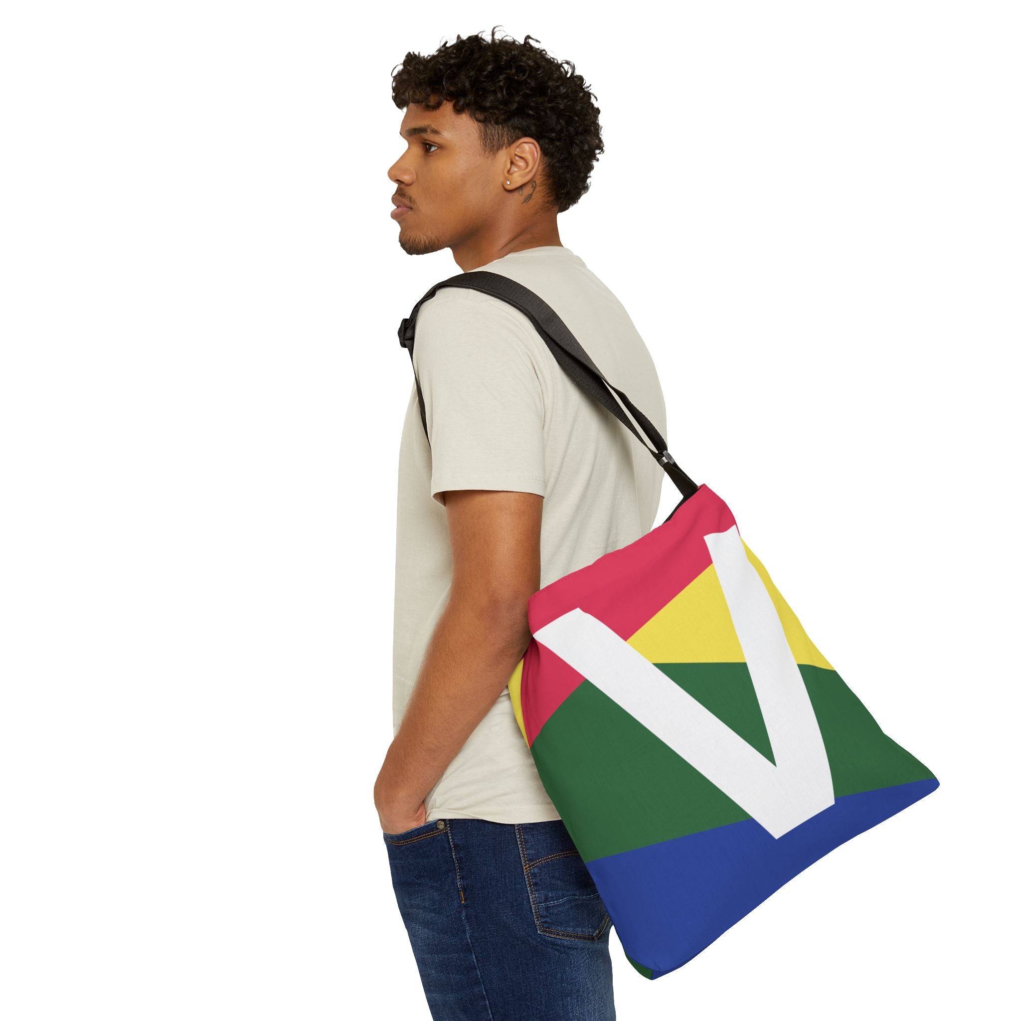 Initial Letter 'V' Colorblock Adjustable Tote Bag — Monogram Alphabet Shoulder Bag