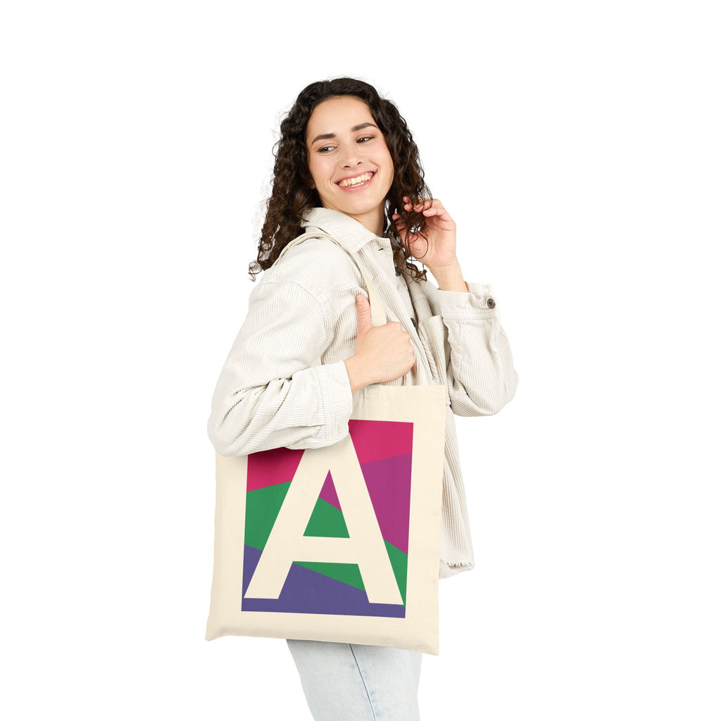 Initial A Colorblock Canvas Tote Bag — Monogram Letter A Reusable Grocery Tote