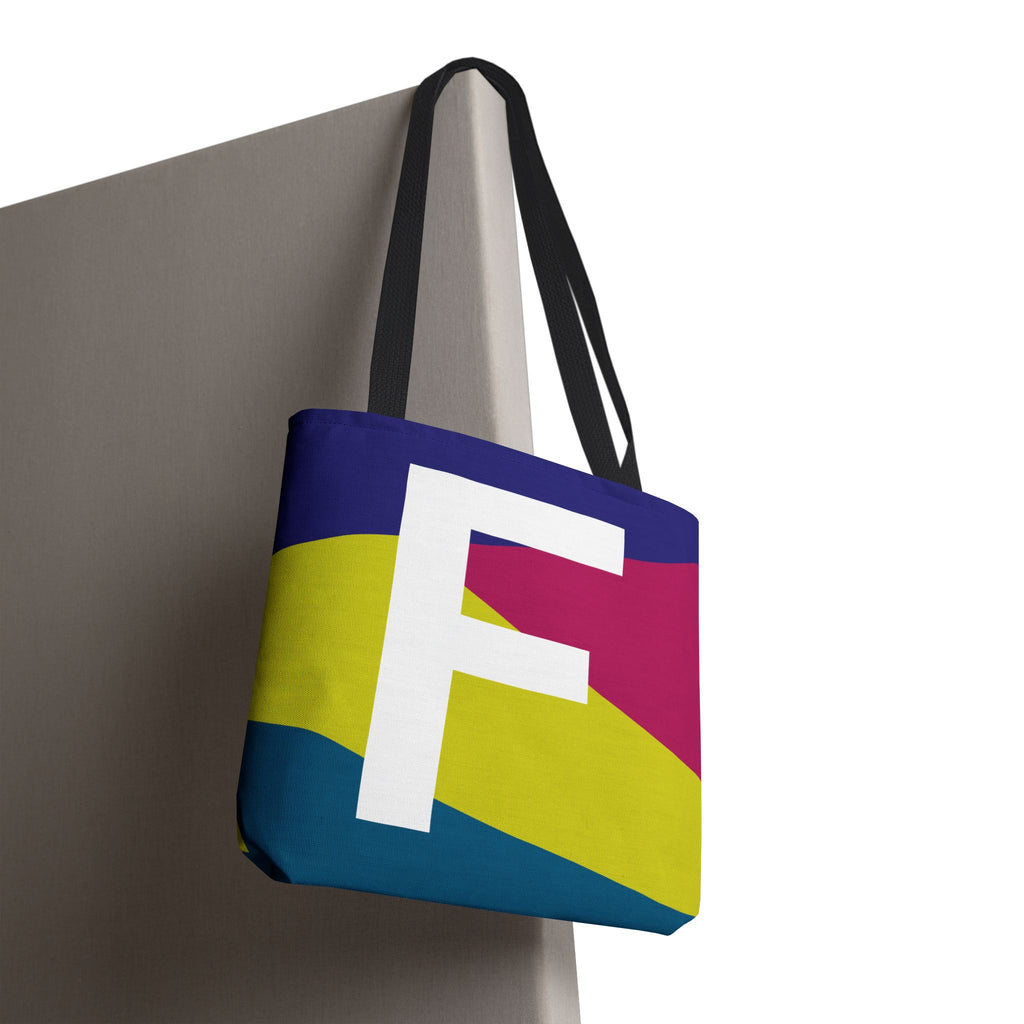 Monogram 'F' Colorblock Tote Bag — Personalized Initial F Shoulder Tote