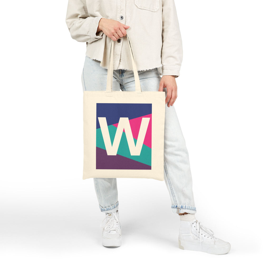 Initial W Colorblock Canvas Tote Bag — Monogram Letter W Reusable Grocery Tote